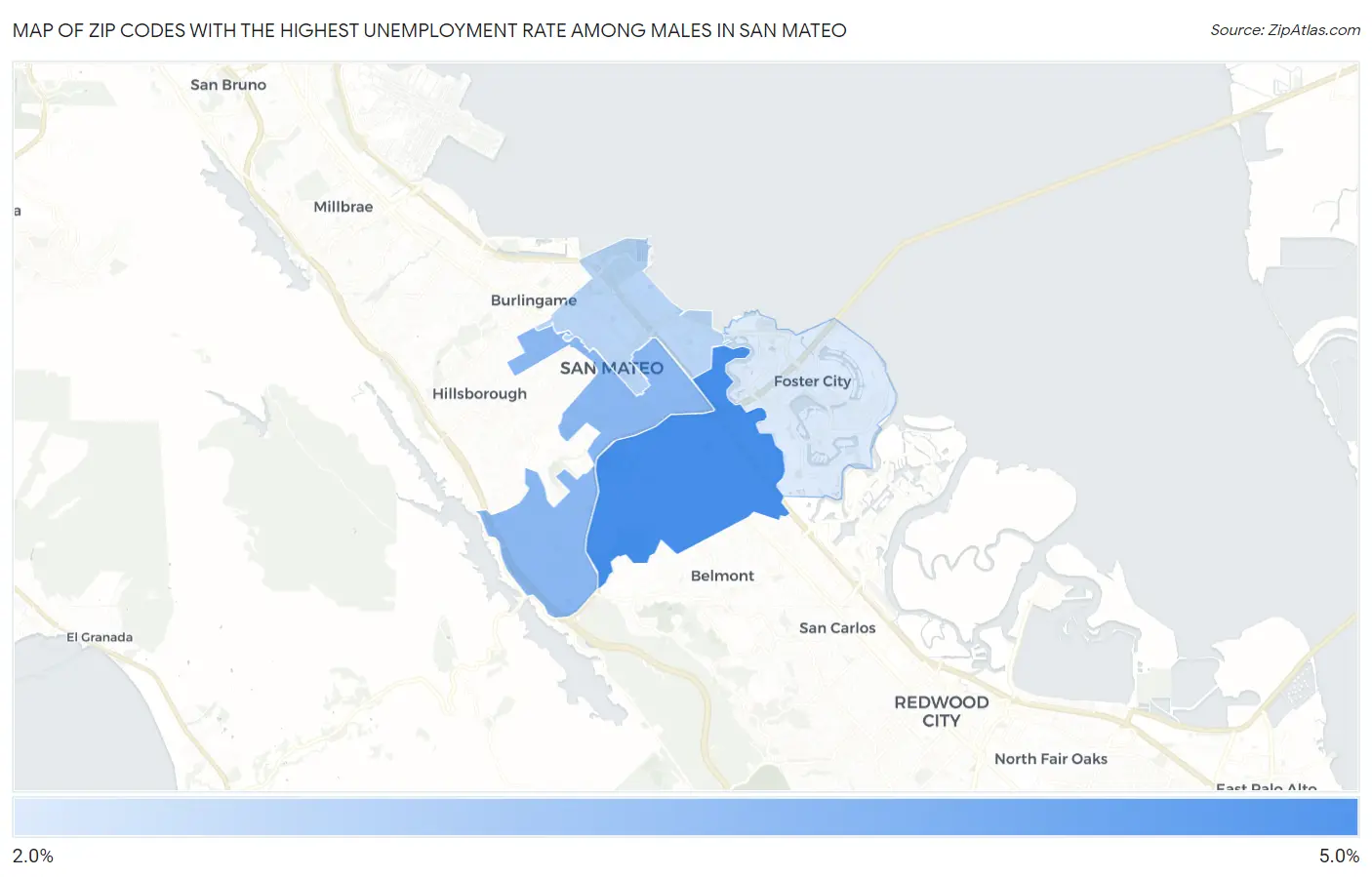 Zip Codes with the Highest Unemployment Rate Among Males in San Mateo Map