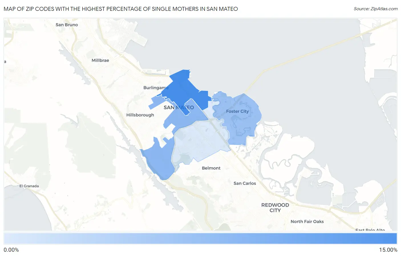 Zip Codes with the Highest Percentage of Single Mothers in San Mateo Map