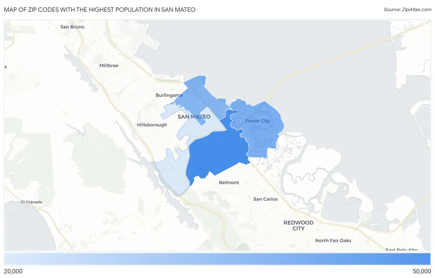 Zip Codes with the Highest Population in San Mateo Map