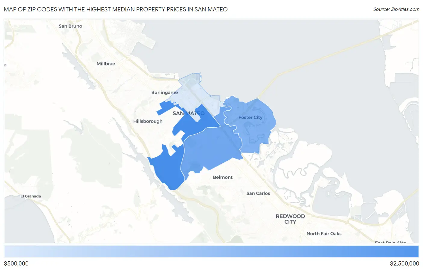 Zip Codes with the Highest Median Property Prices in San Mateo Map