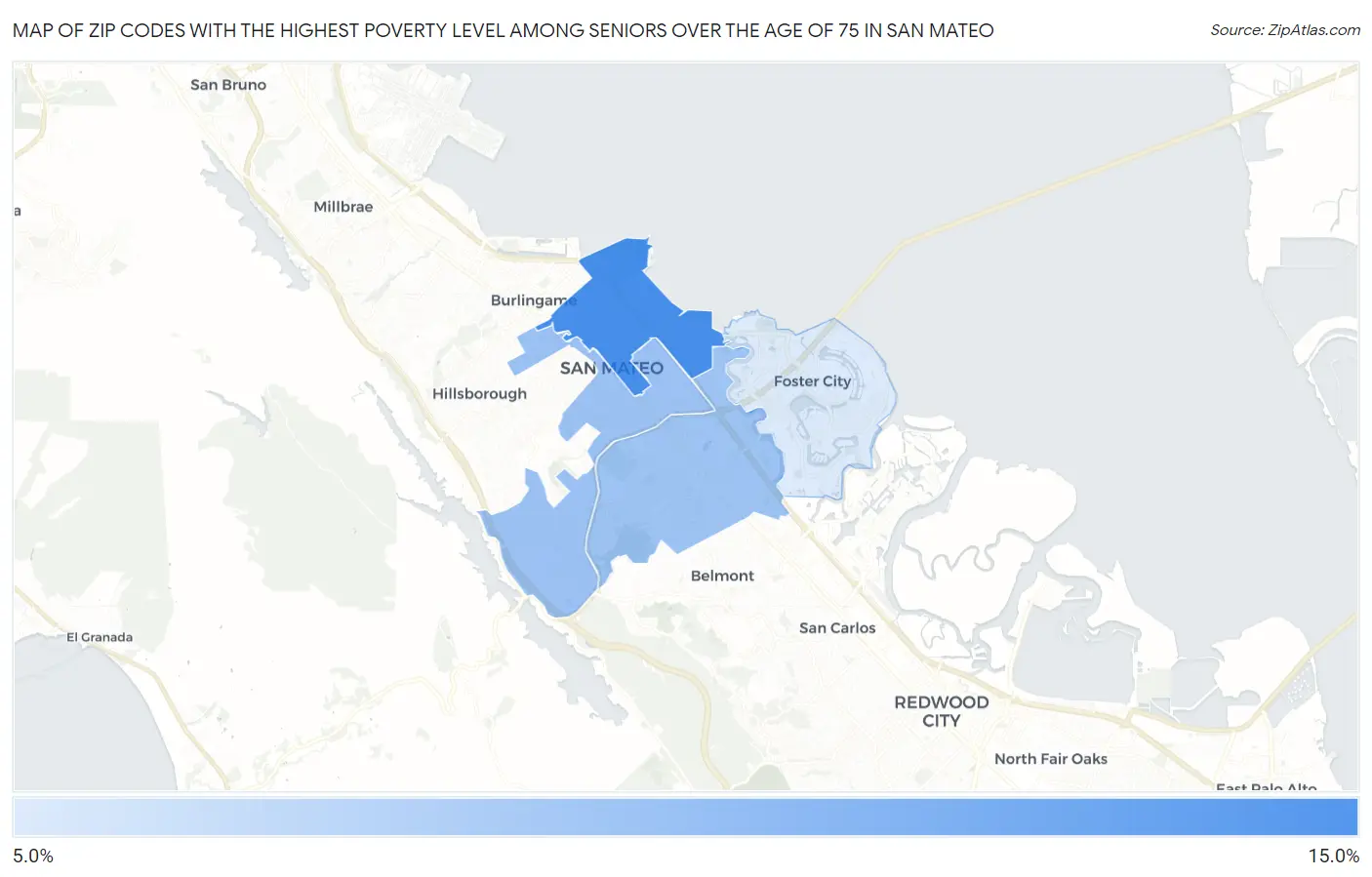 Zip Codes with the Highest Poverty Level Among Seniors Over the Age of 75 in San Mateo Map