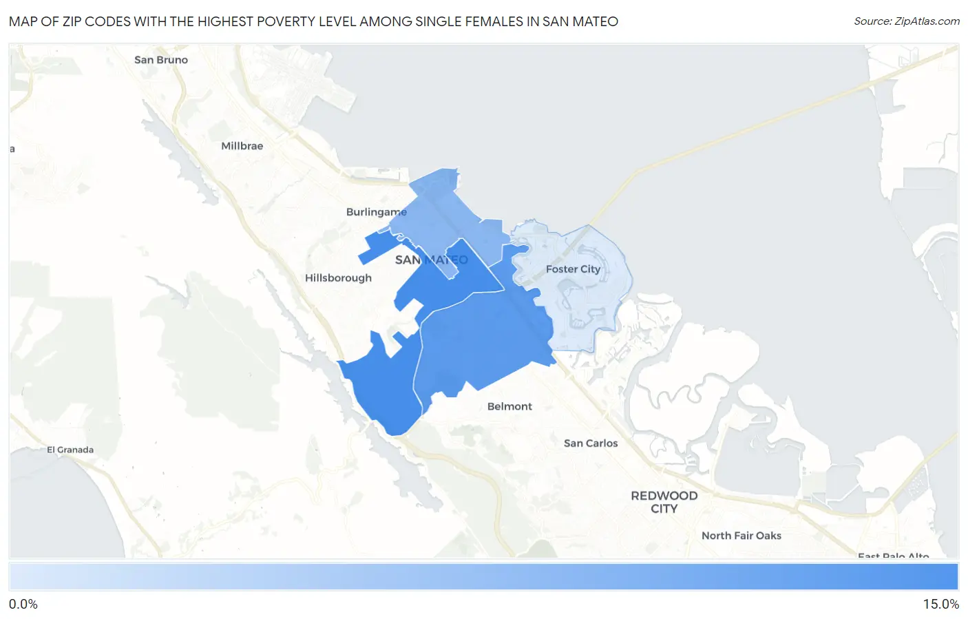 Zip Codes with the Highest Poverty Level Among Single Females in San Mateo Map