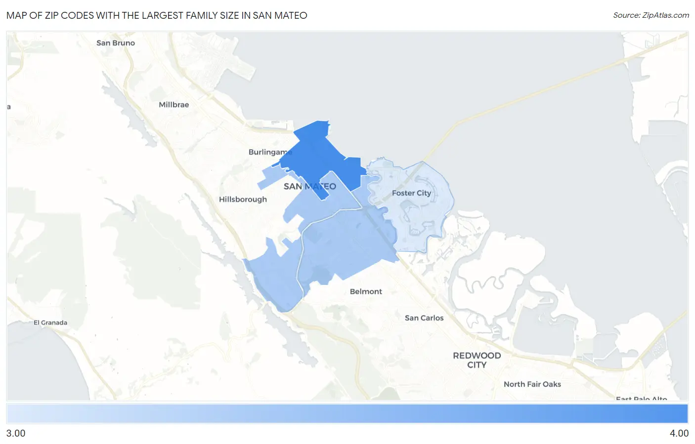 Zip Codes with the Largest Family Size in San Mateo Map