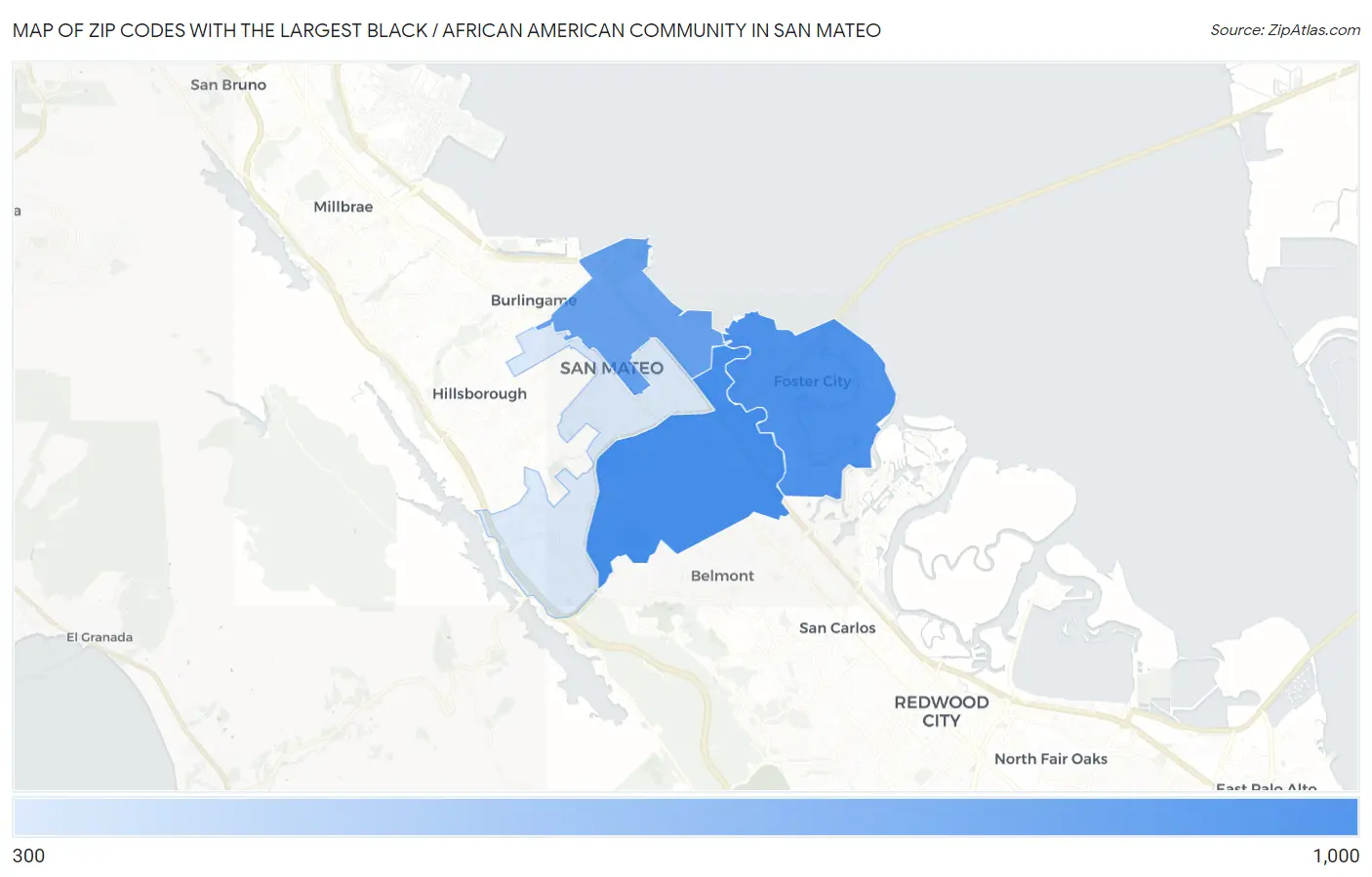 Zip Codes with the Largest Black / African American Community in San Mateo Map