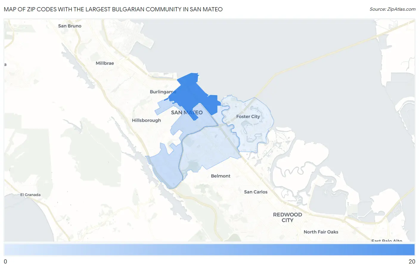 Zip Codes with the Largest Bulgarian Community in San Mateo Map