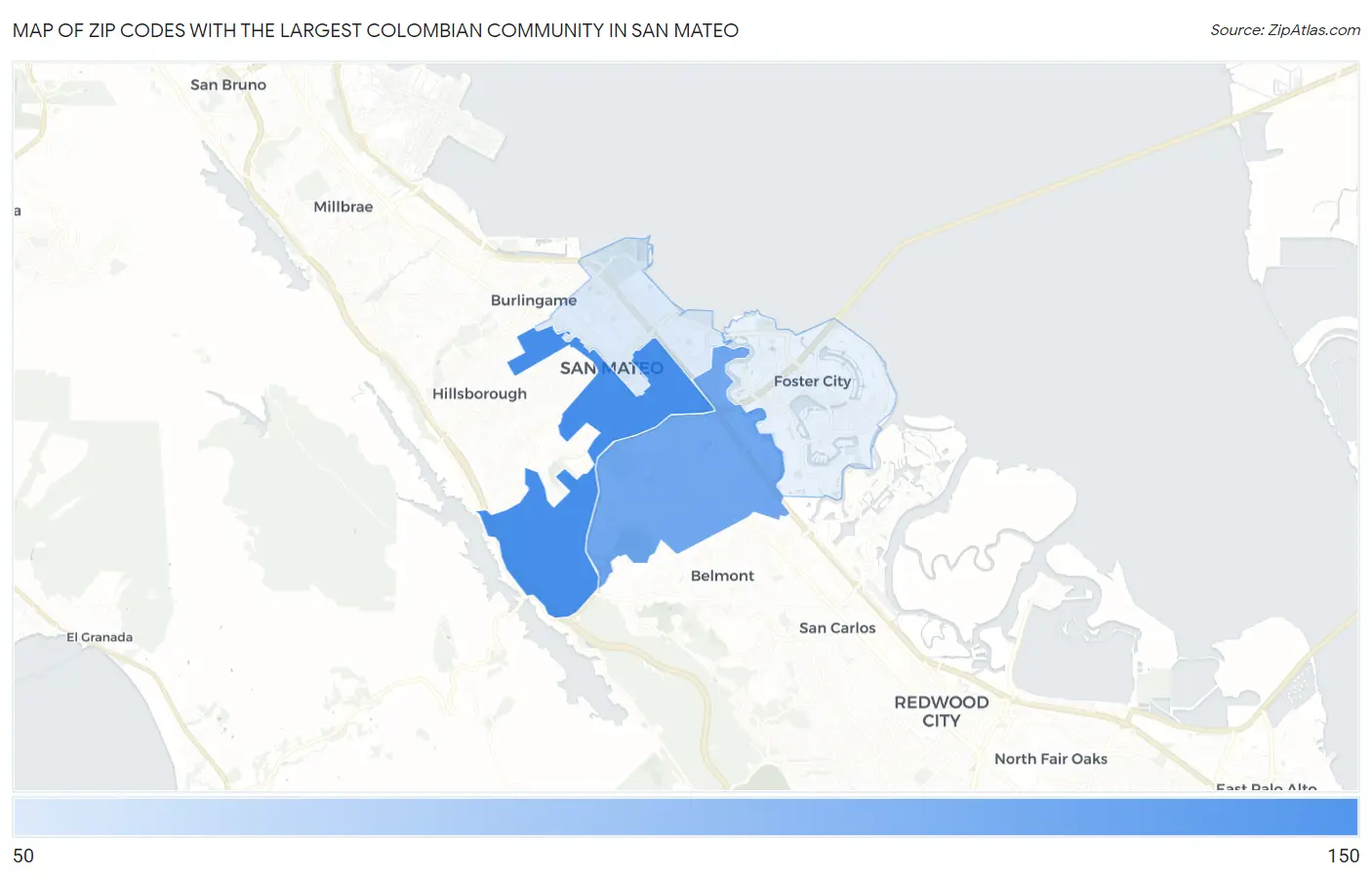 Zip Codes with the Largest Colombian Community in San Mateo Map