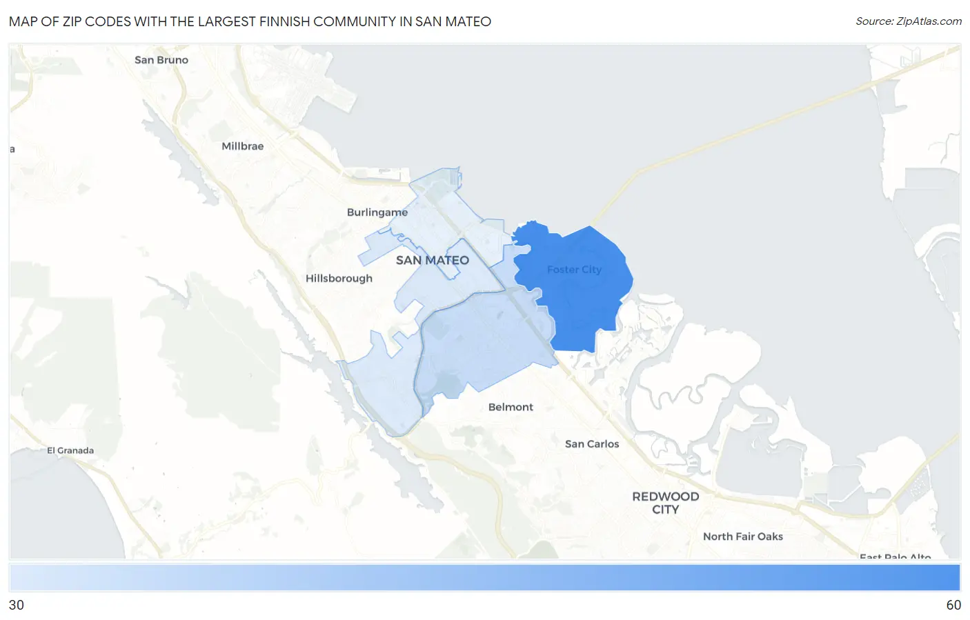 Zip Codes with the Largest Finnish Community in San Mateo Map