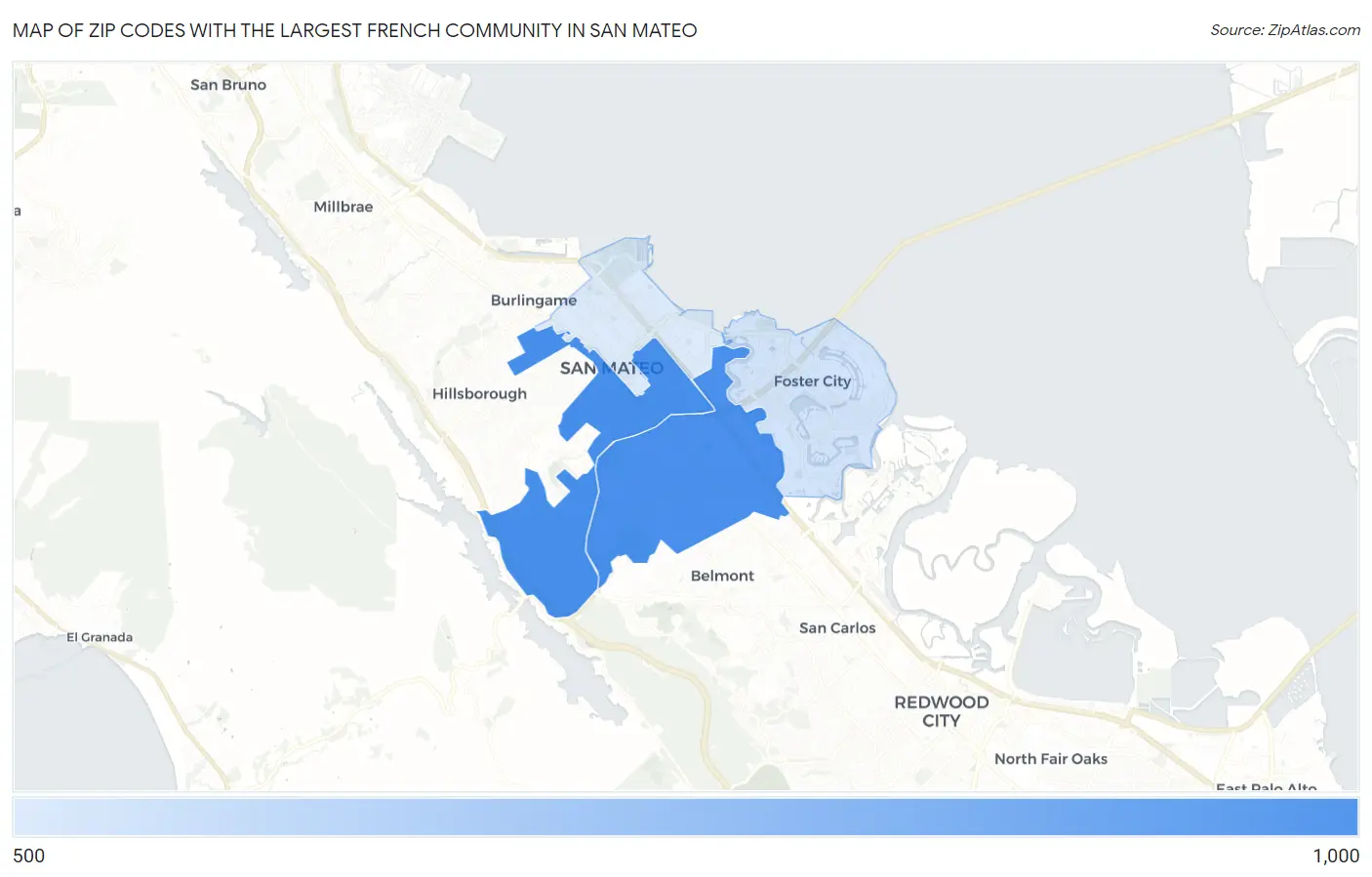 Zip Codes with the Largest French Community in San Mateo Map