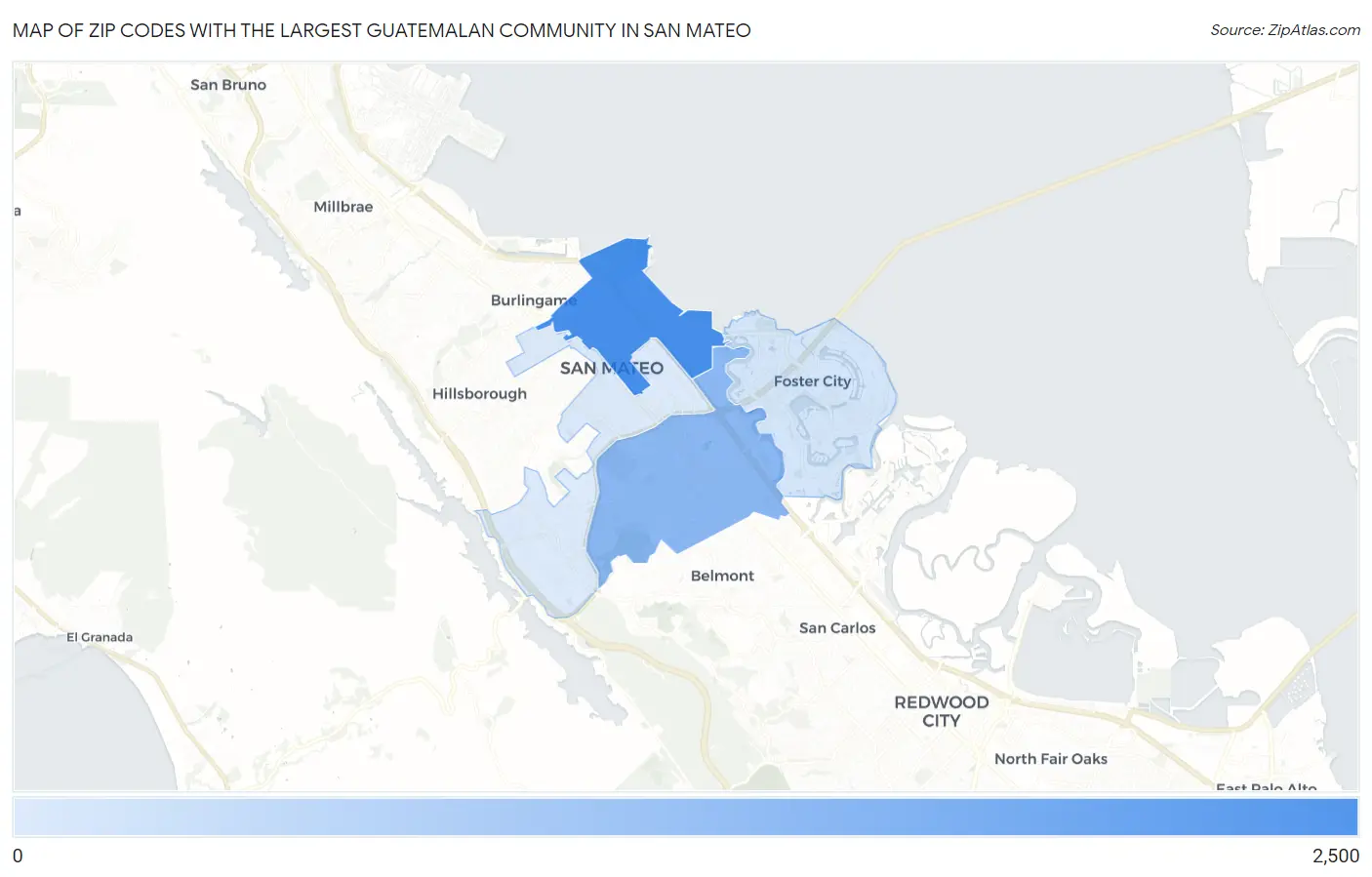 Zip Codes with the Largest Guatemalan Community in San Mateo Map