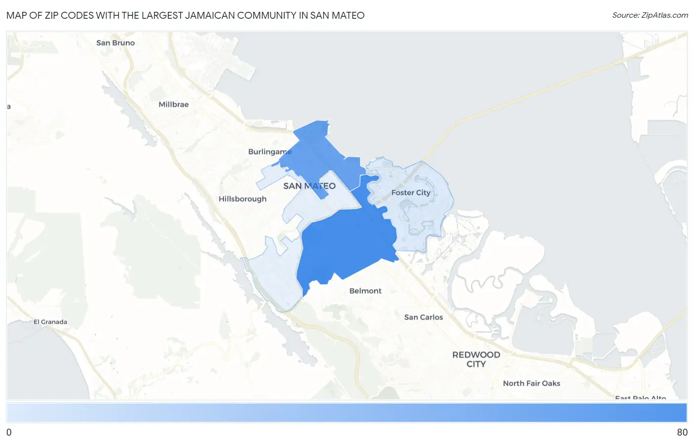 Zip Codes with the Largest Jamaican Community in San Mateo Map