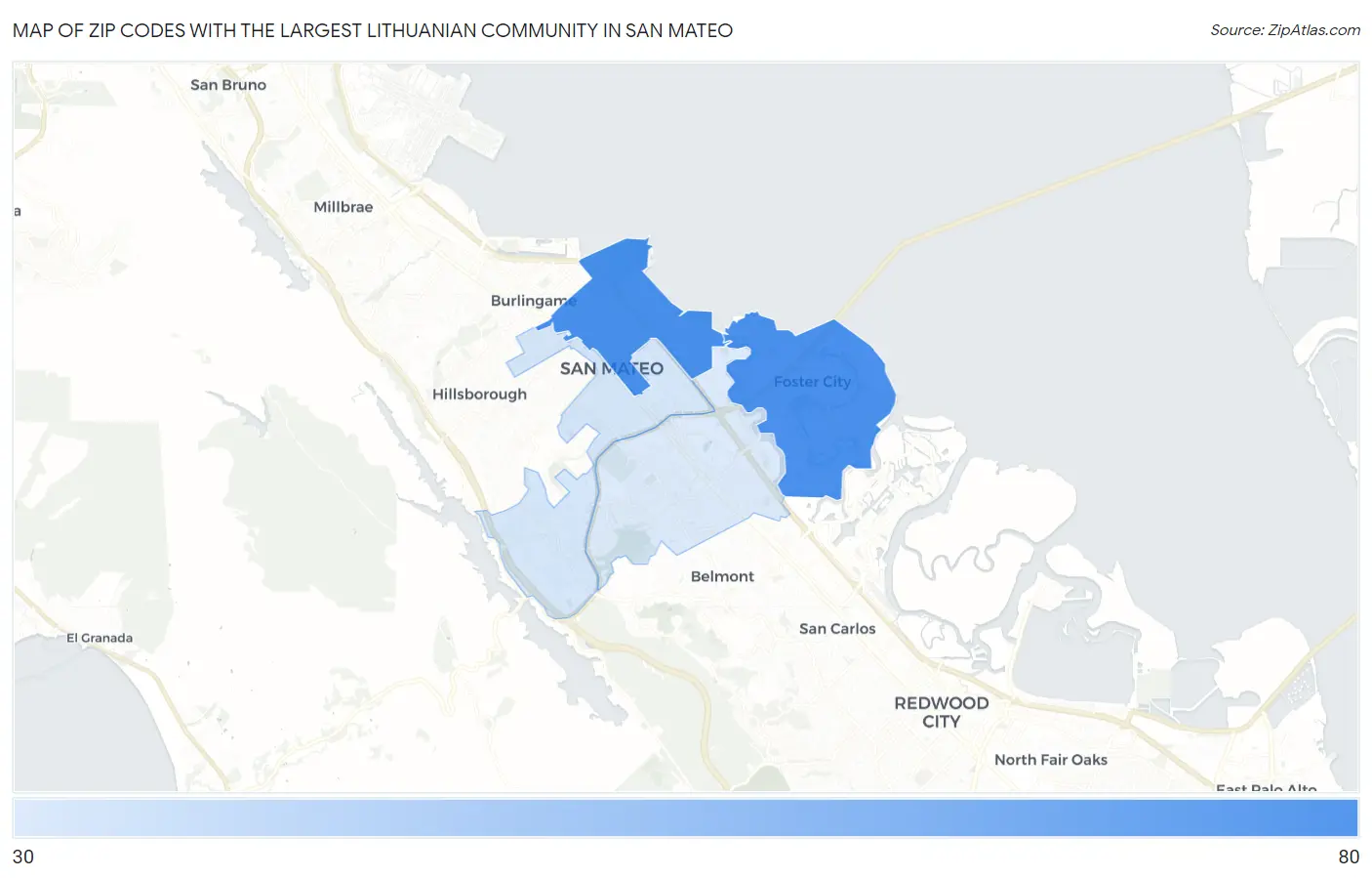 Zip Codes with the Largest Lithuanian Community in San Mateo Map
