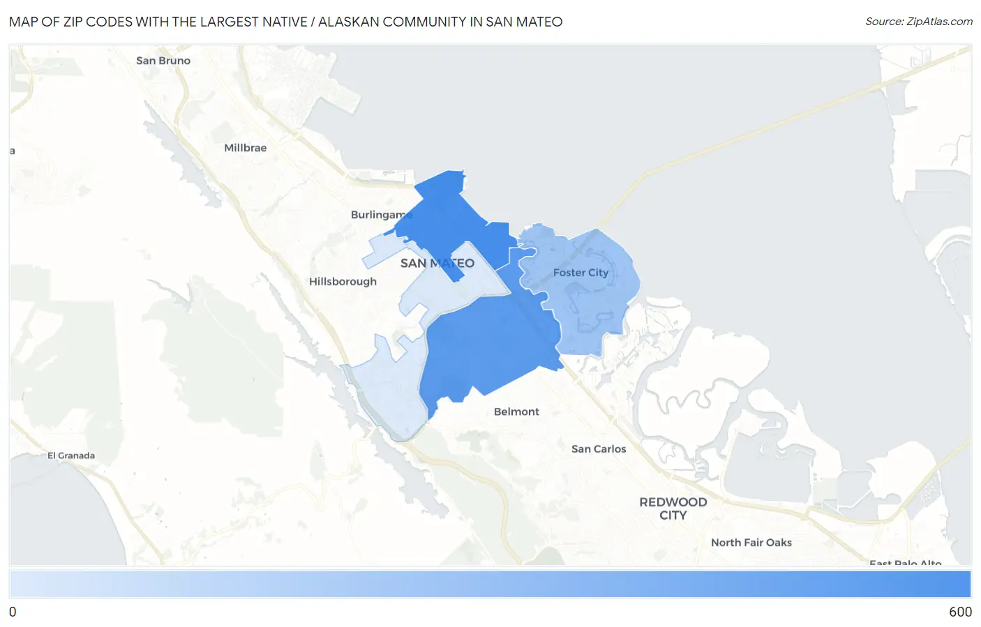 Zip Codes with the Largest Native / Alaskan Community in San Mateo Map