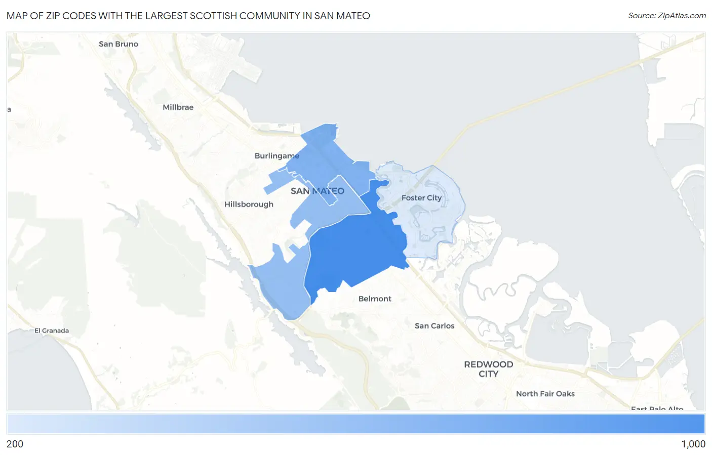 Zip Codes with the Largest Scottish Community in San Mateo Map