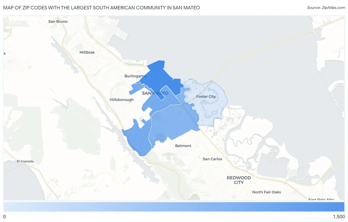 Zip Codes with the Largest South American Community in San Mateo Map