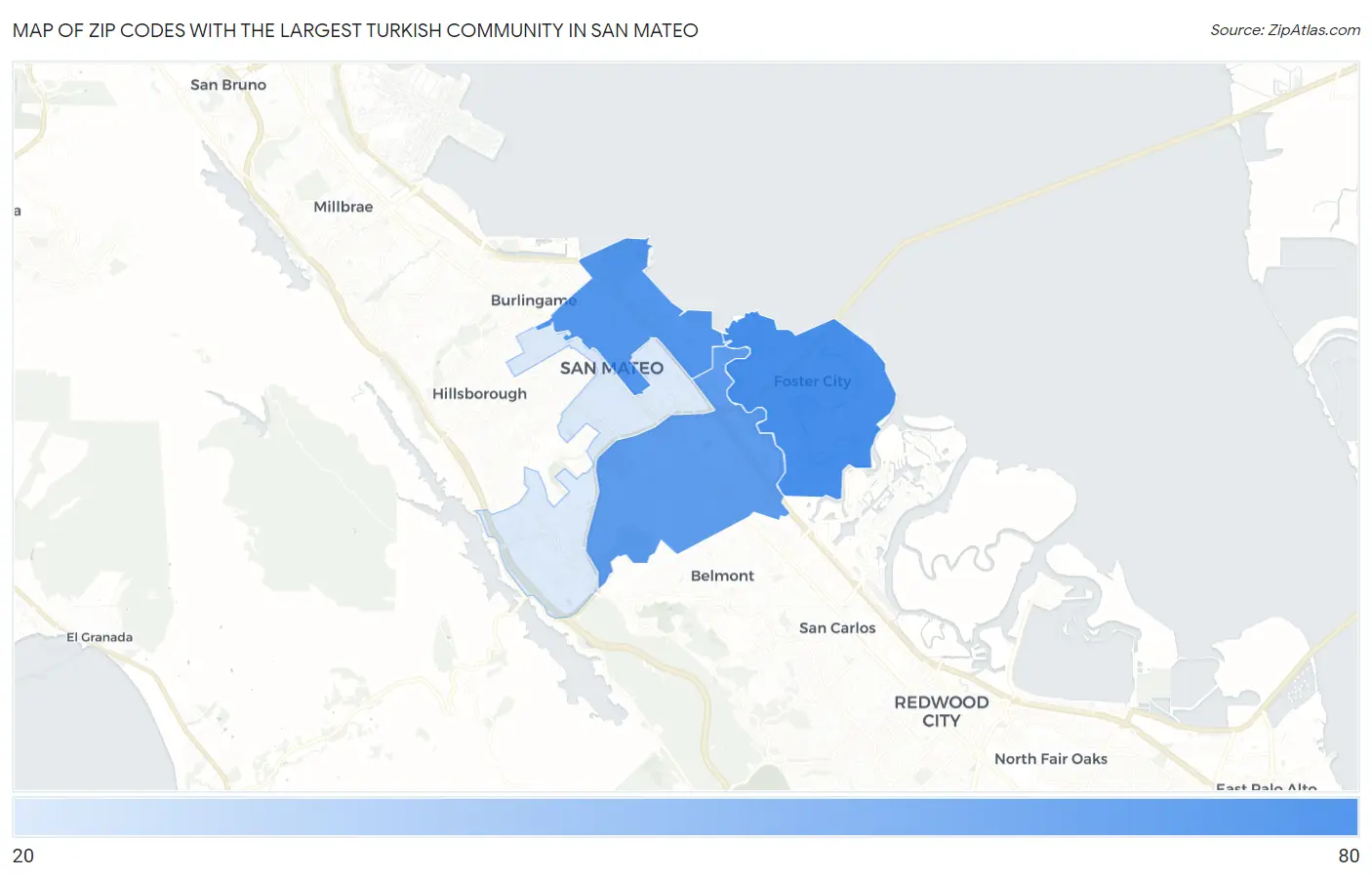 Zip Codes with the Largest Turkish Community in San Mateo Map