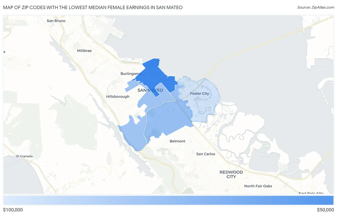 Zip Codes with the Lowest Median Female Earnings in San Mateo Map