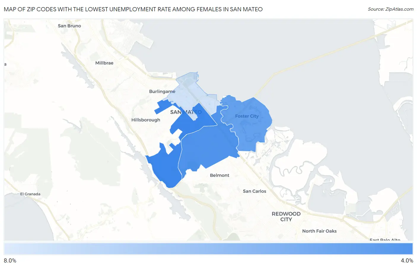 Zip Codes with the Lowest Unemployment Rate Among Females in San Mateo Map