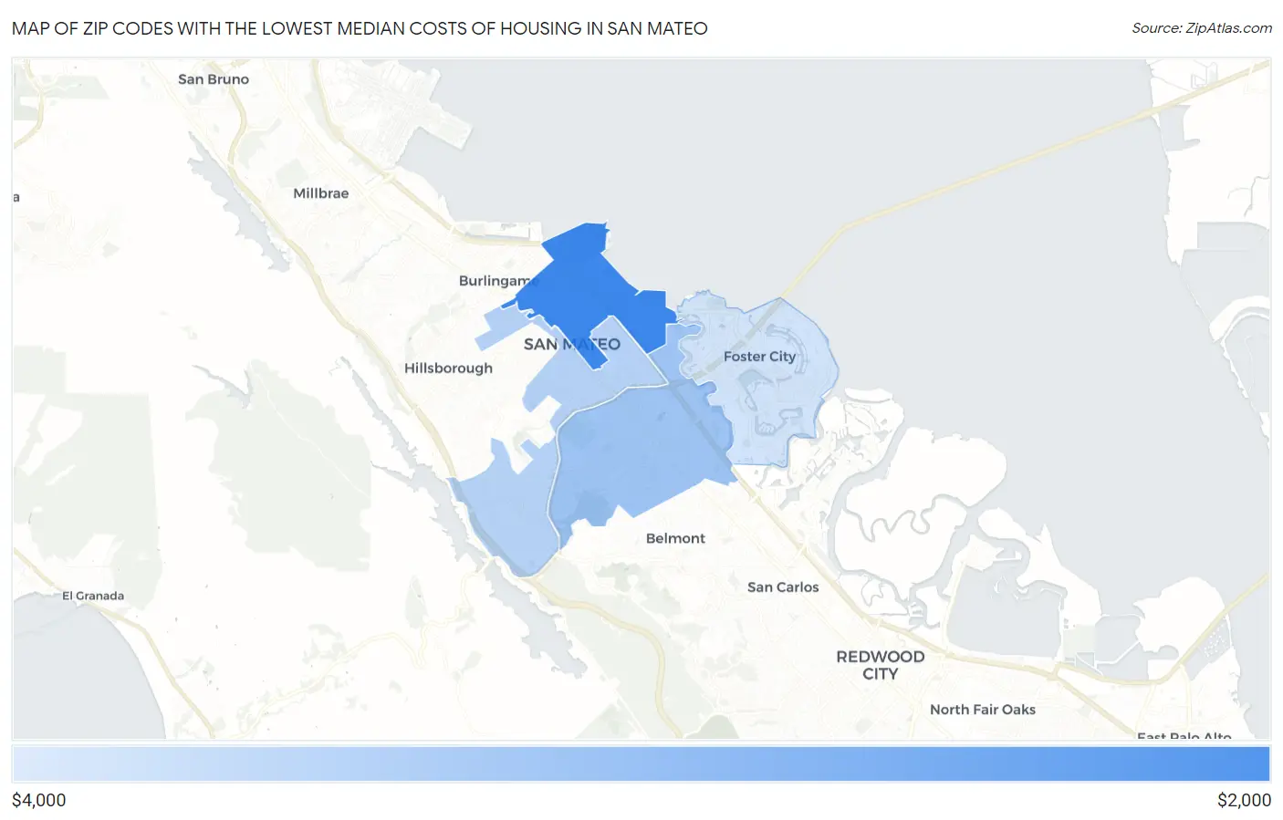 Zip Codes with the Lowest Median Costs of Housing in San Mateo Map