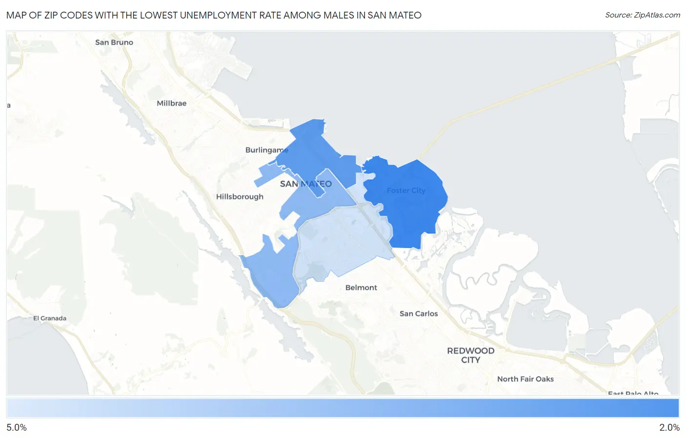 Zip Codes with the Lowest Unemployment Rate Among Males in San Mateo Map