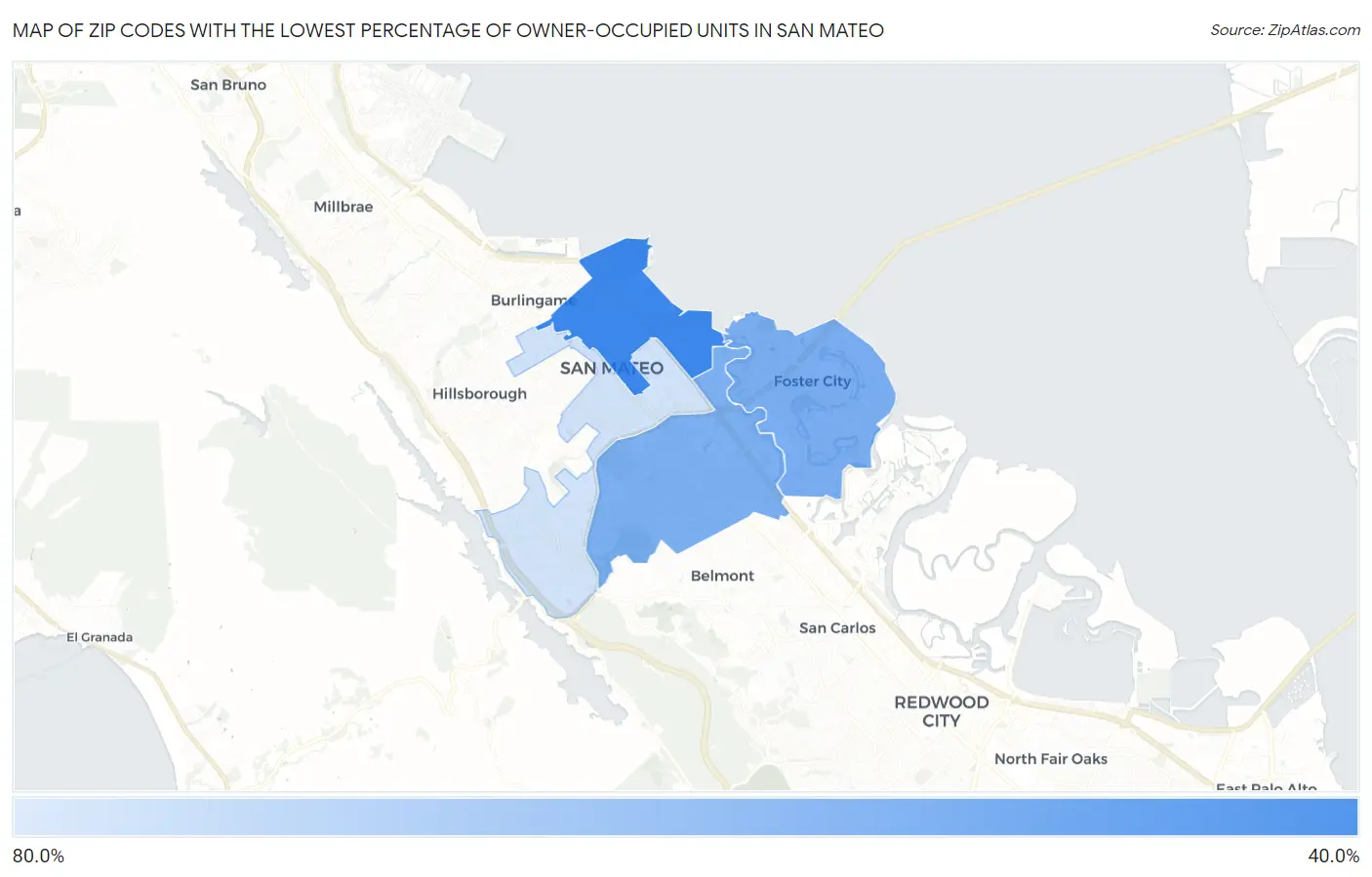 Zip Codes with the Lowest Percentage of Owner-Occupied Units in San Mateo Map