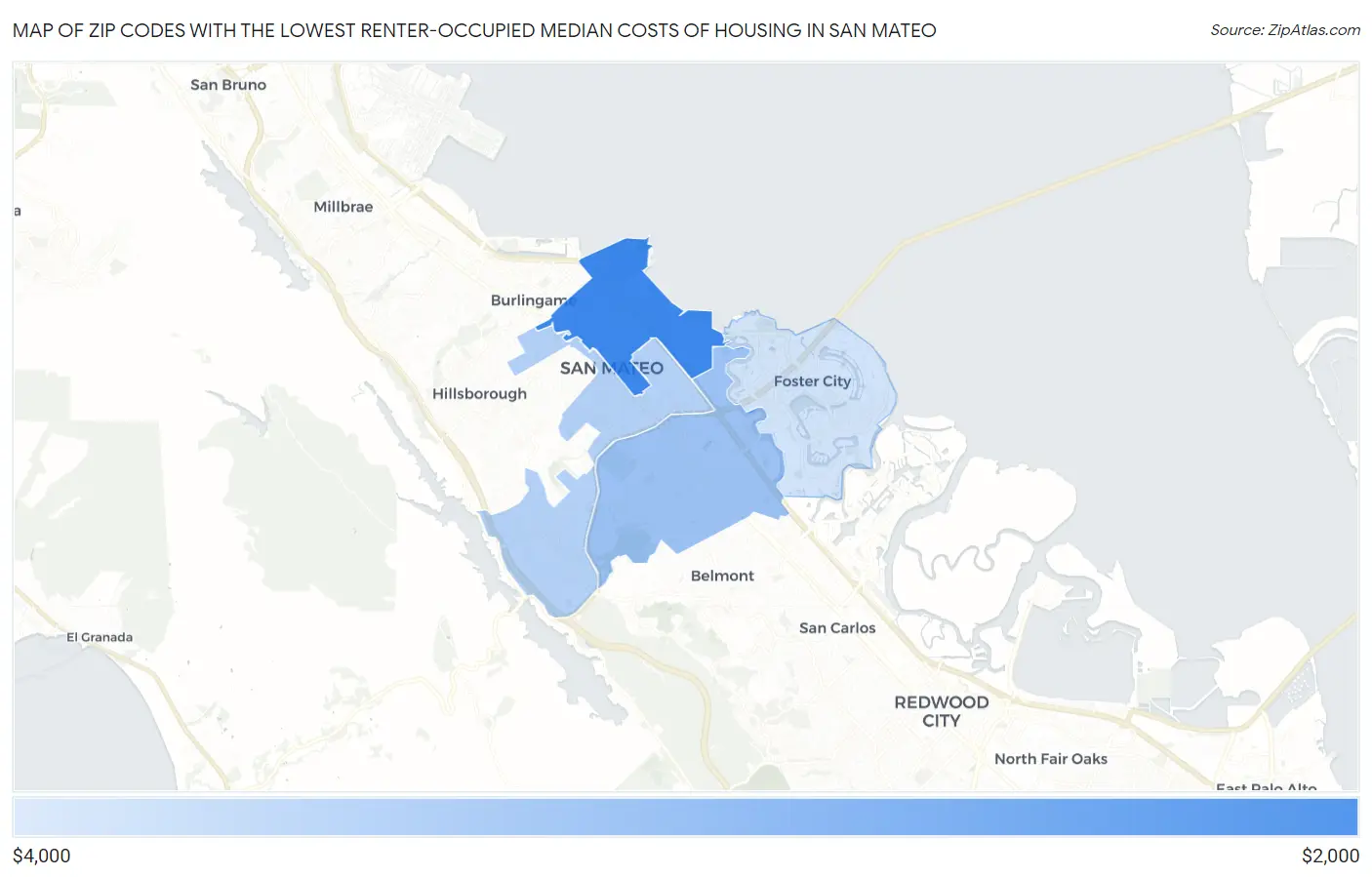 Zip Codes with the Lowest Renter-Occupied Median Costs of Housing in San Mateo Map