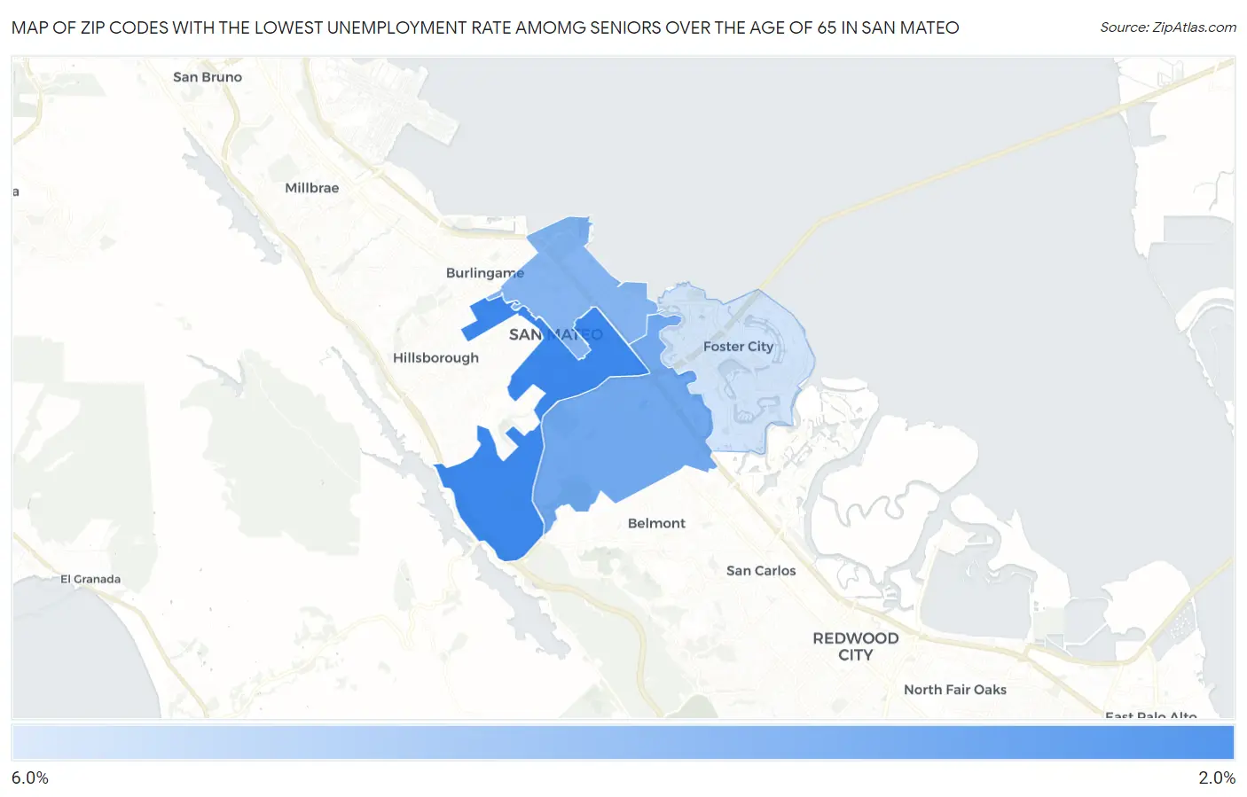 Zip Codes with the Lowest Unemployment Rate Amomg Seniors Over the Age of 65 in San Mateo Map