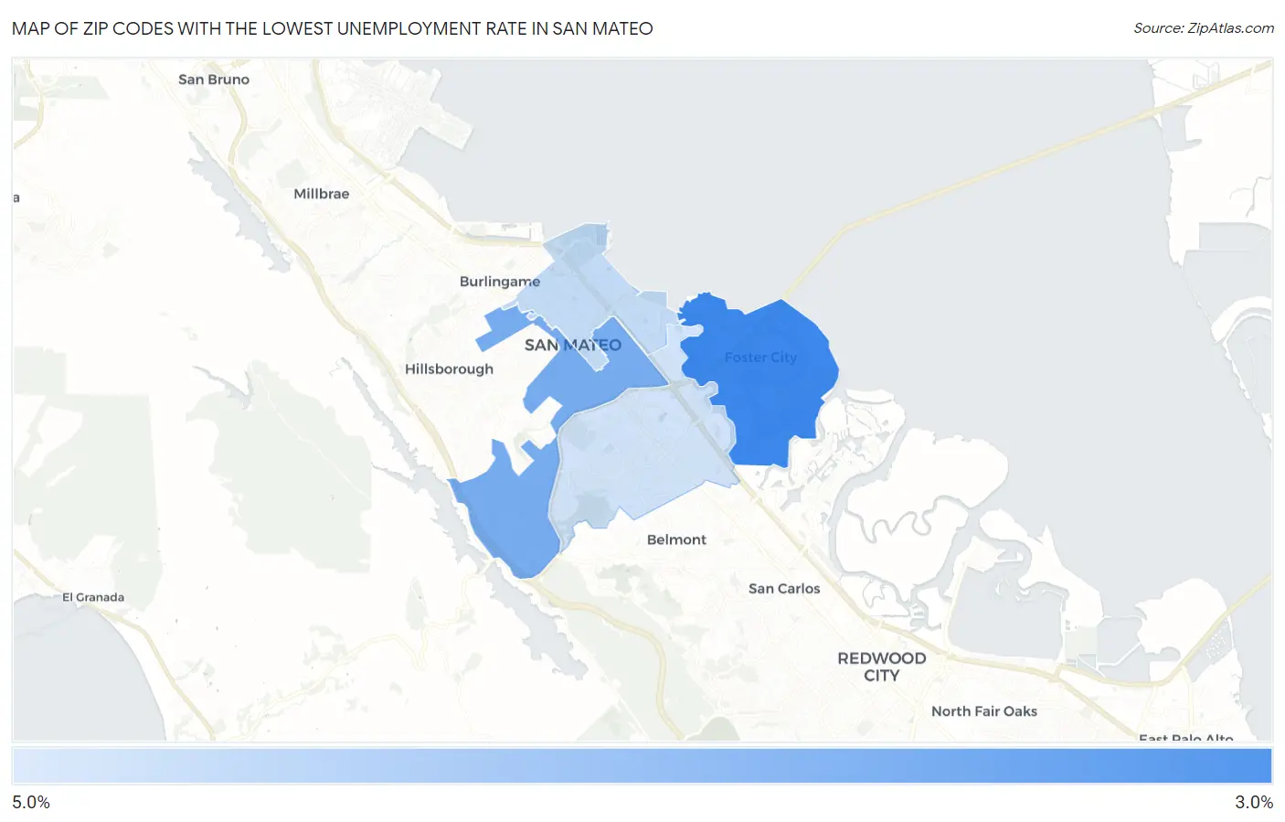 Zip Codes with the Lowest Unemployment Rate in San Mateo Map