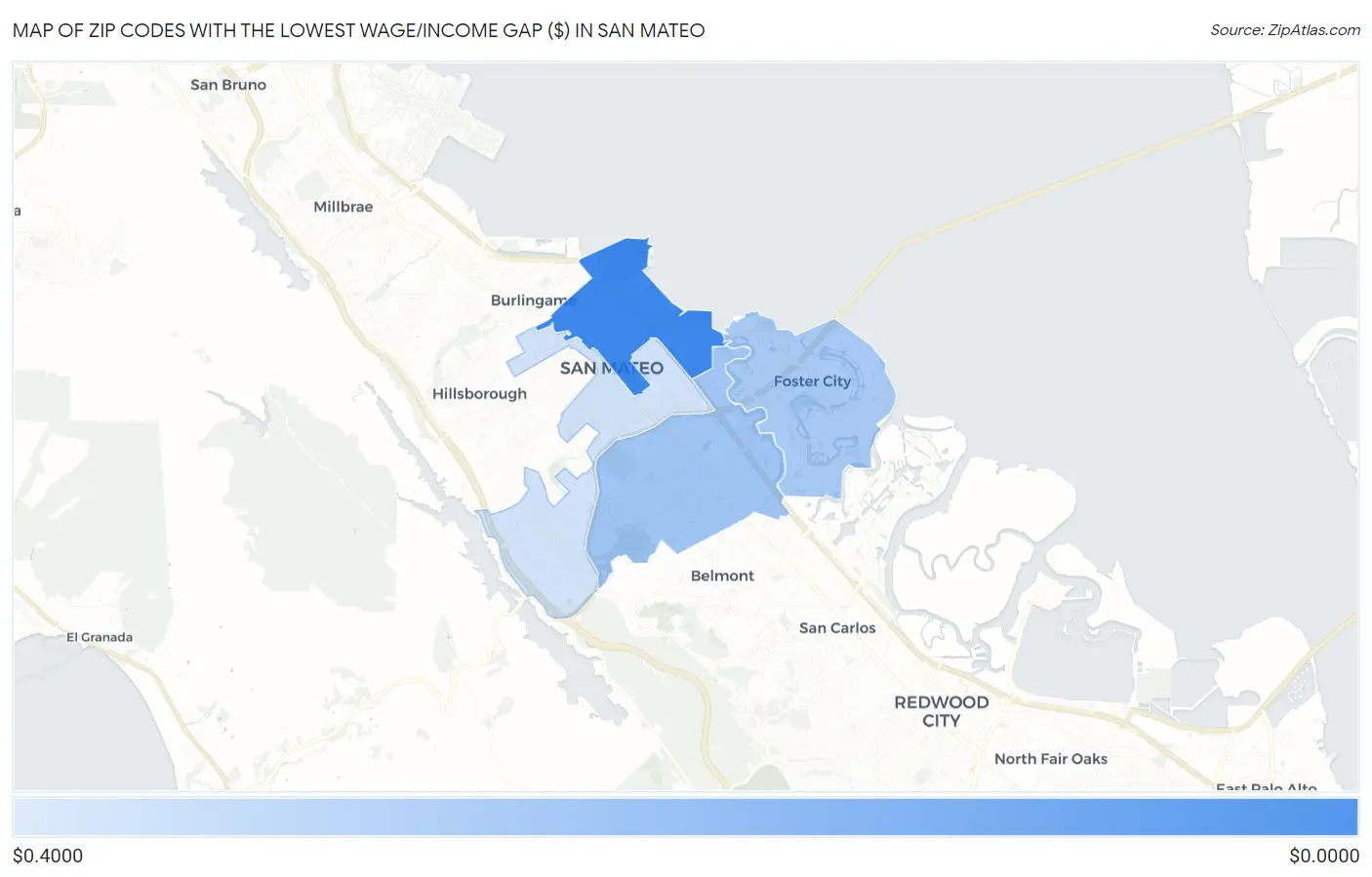 Zip Codes with the Lowest Wage/Income Gap ($) in San Mateo Map