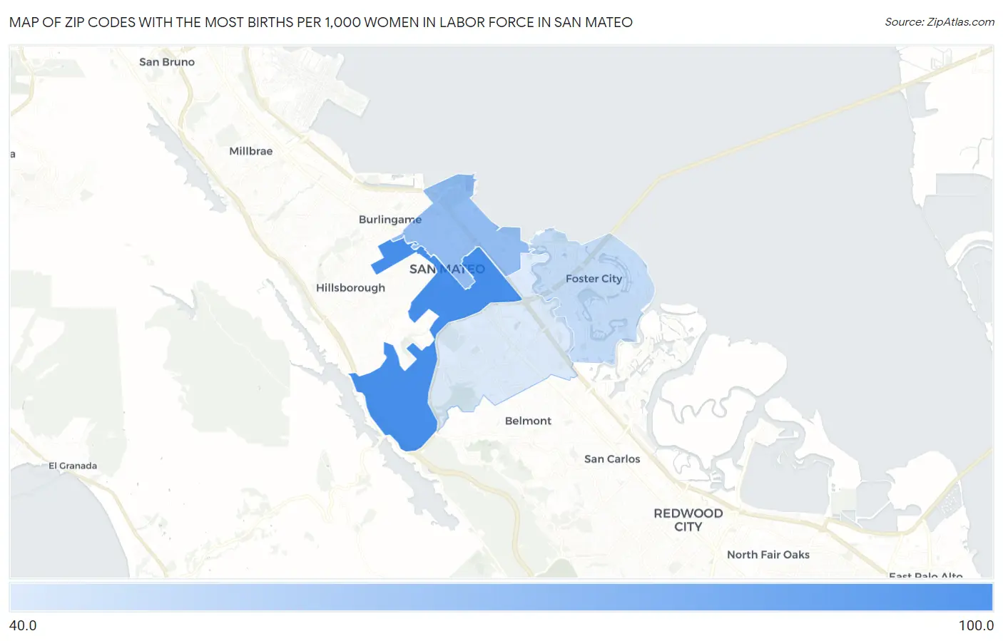 Zip Codes with the Most Births per 1,000 Women in Labor Force in San Mateo Map