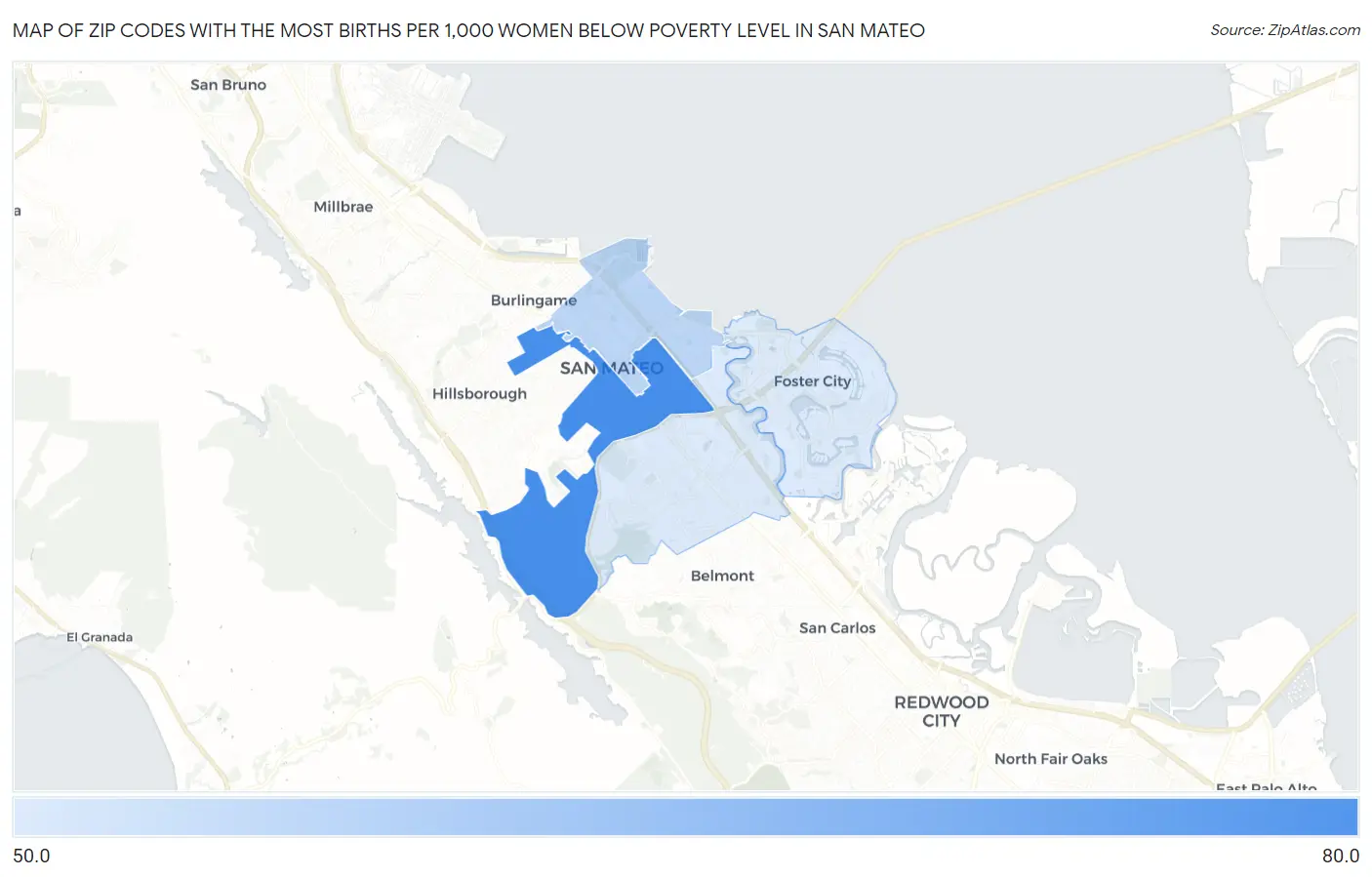 Zip Codes with the Most Births per 1,000 Women Below Poverty Level in San Mateo Map