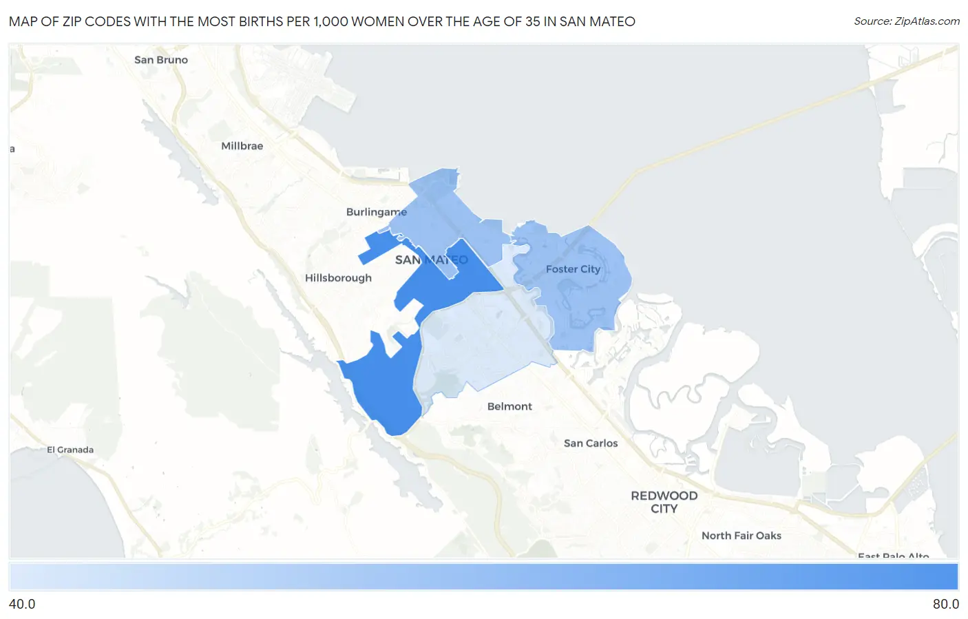 Zip Codes with the Most Births per 1,000 Women Over the Age of 35 in San Mateo Map