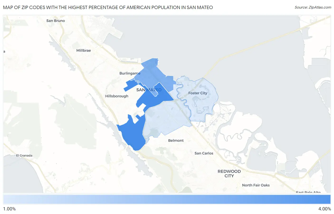 Zip Codes with the Highest Percentage of American Population in San Mateo Map