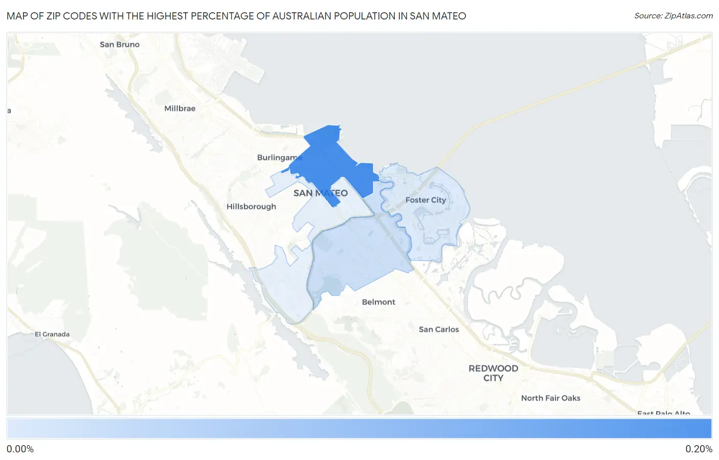 Zip Codes with the Highest Percentage of Australian Population in San Mateo Map
