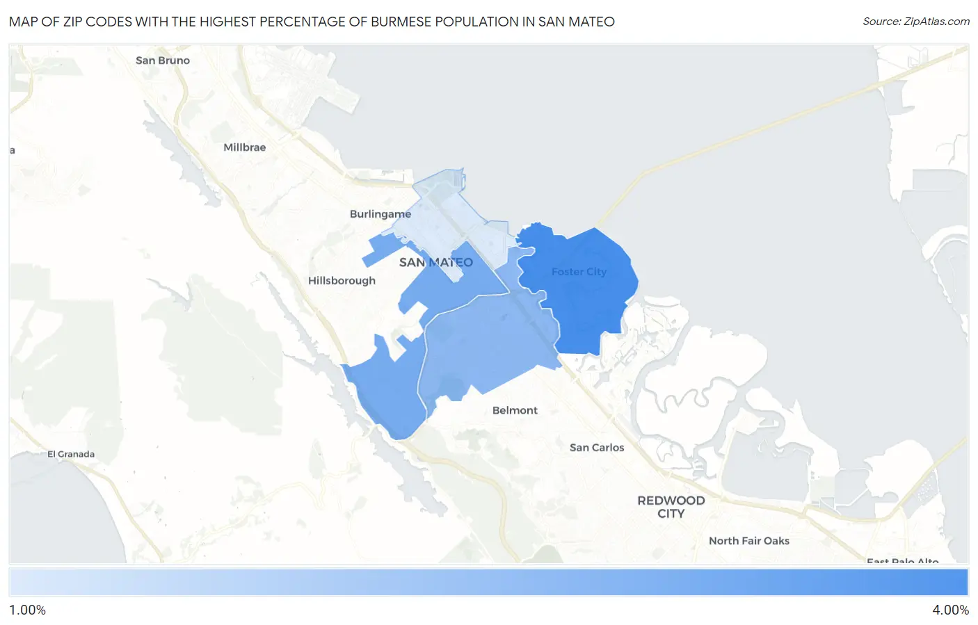 Zip Codes with the Highest Percentage of Burmese Population in San Mateo Map