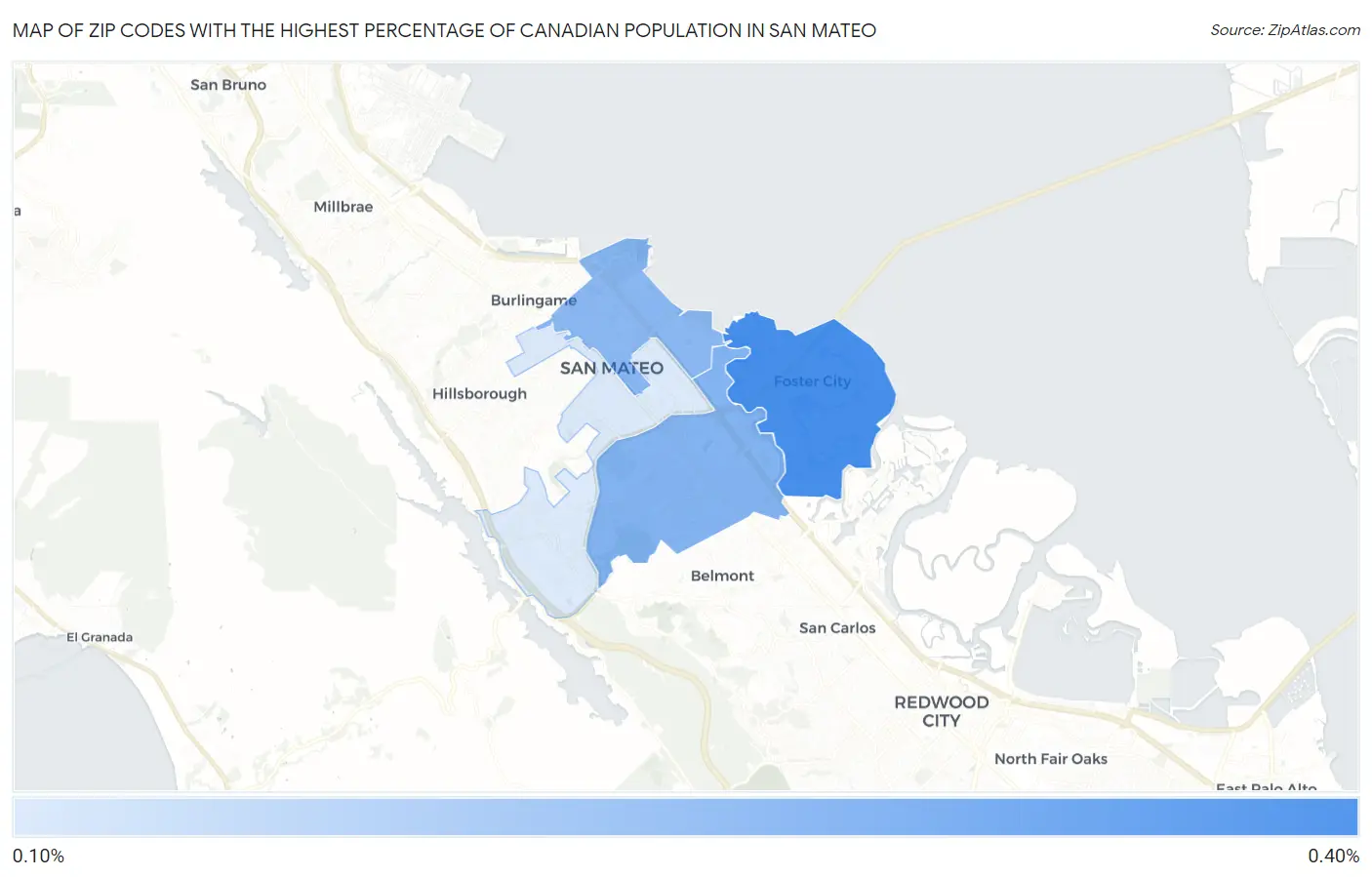 Zip Codes with the Highest Percentage of Canadian Population in San Mateo Map