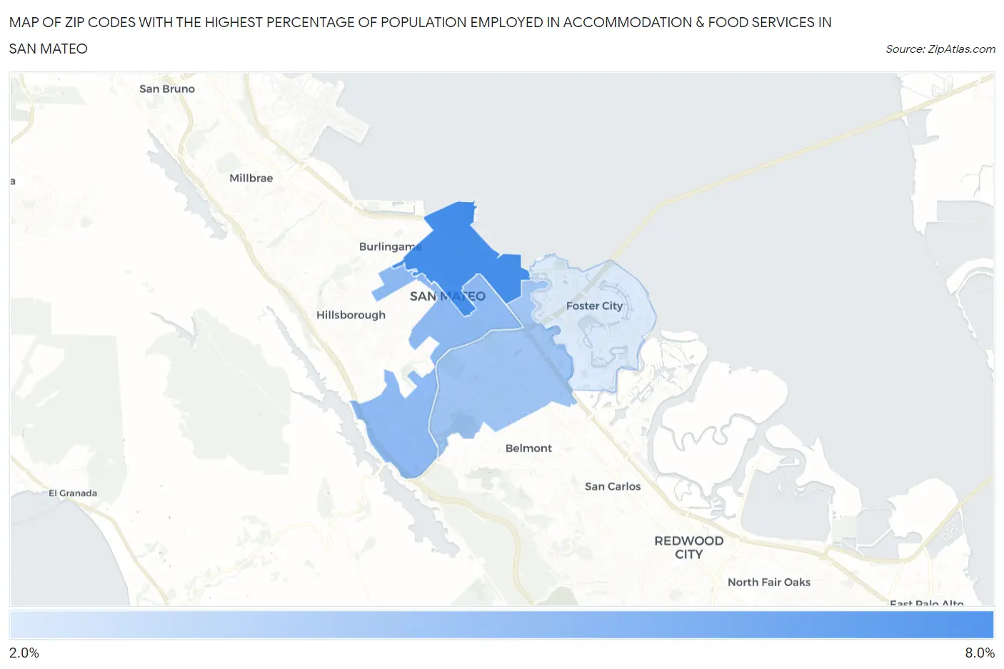Zip Codes with the Highest Percentage of Population Employed in Accommodation & Food Services in San Mateo Map