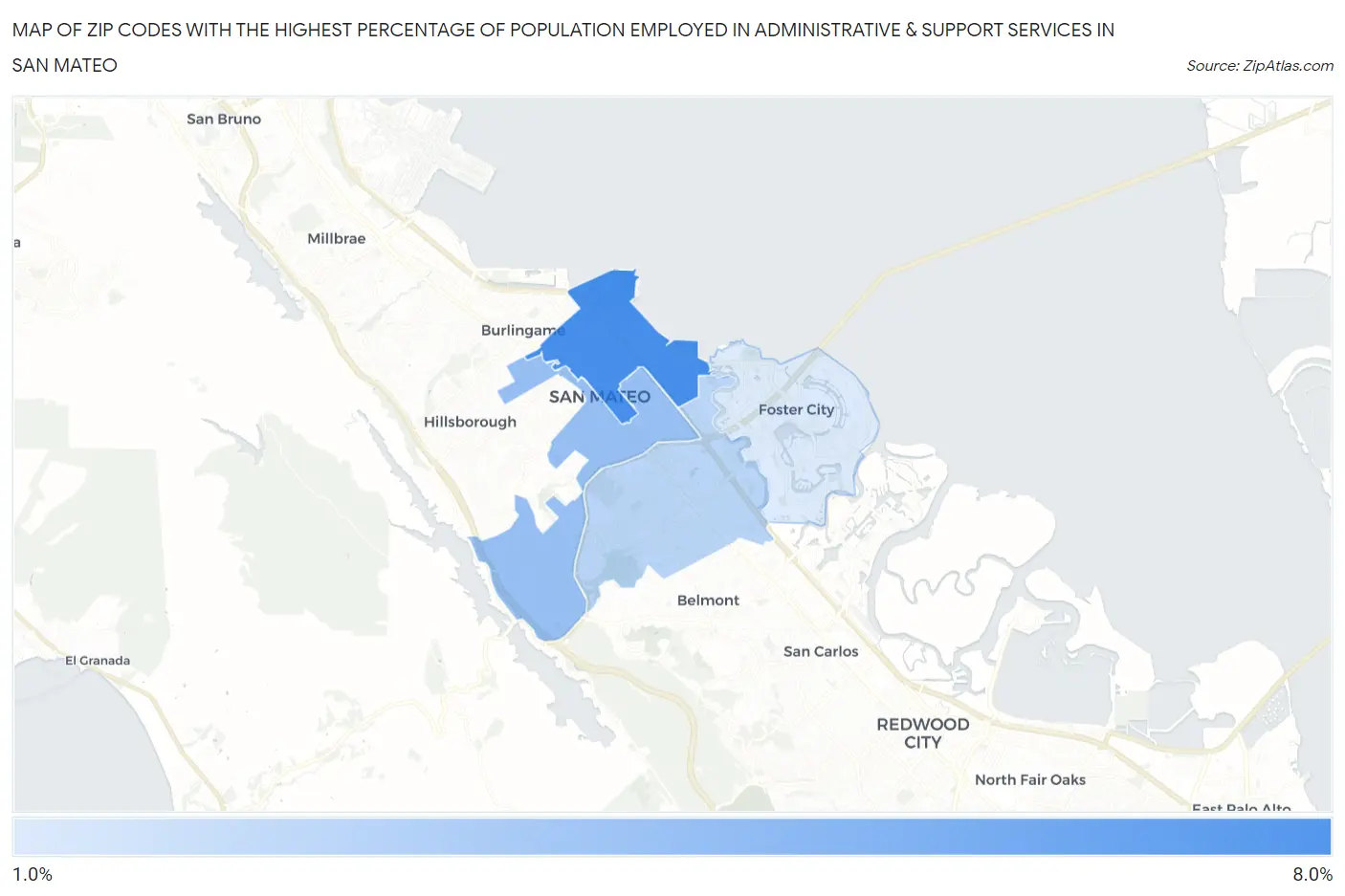 Zip Codes with the Highest Percentage of Population Employed in Administrative & Support Services in San Mateo Map