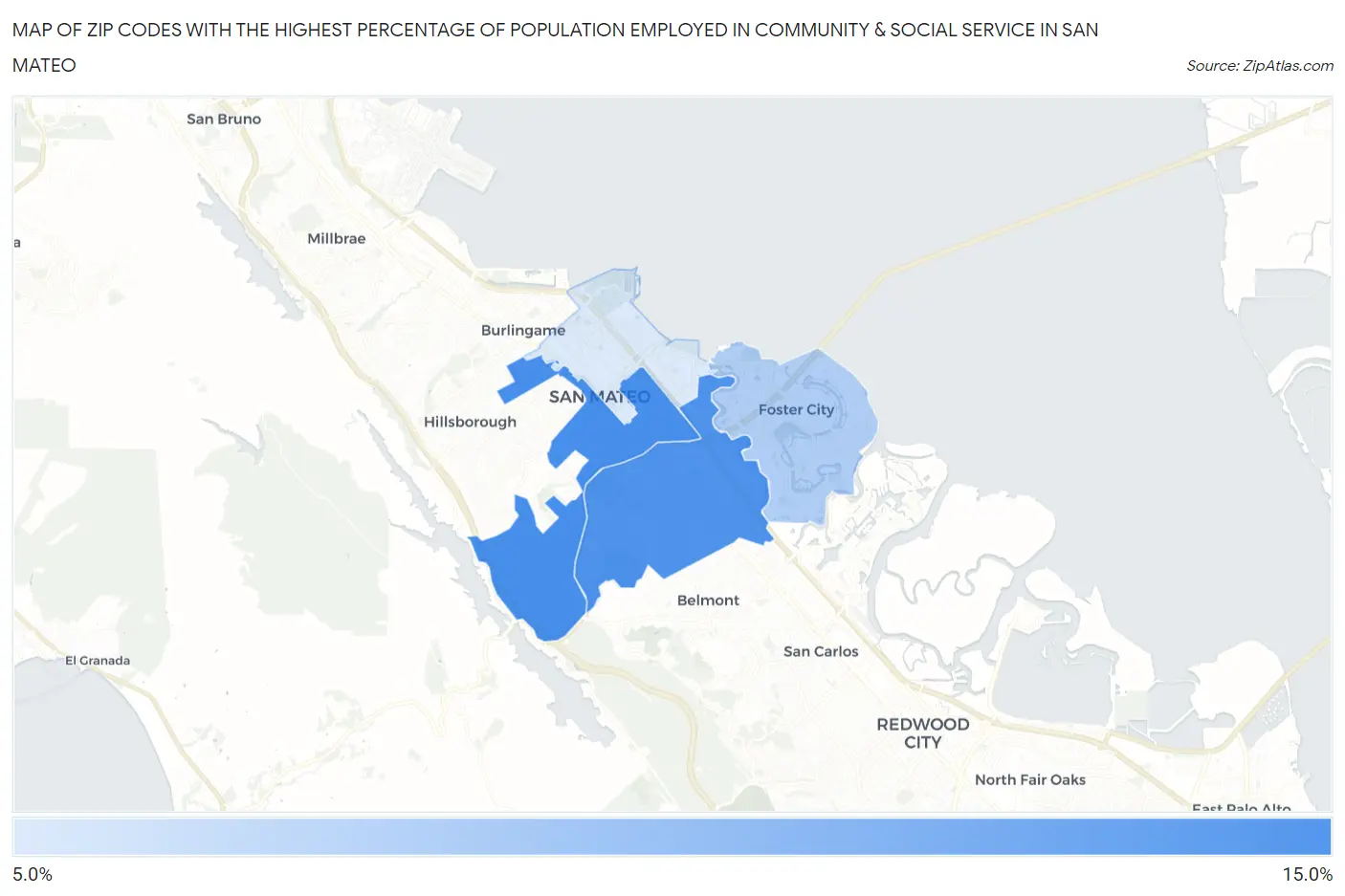 Zip Codes with the Highest Percentage of Population Employed in Community & Social Service  in San Mateo Map