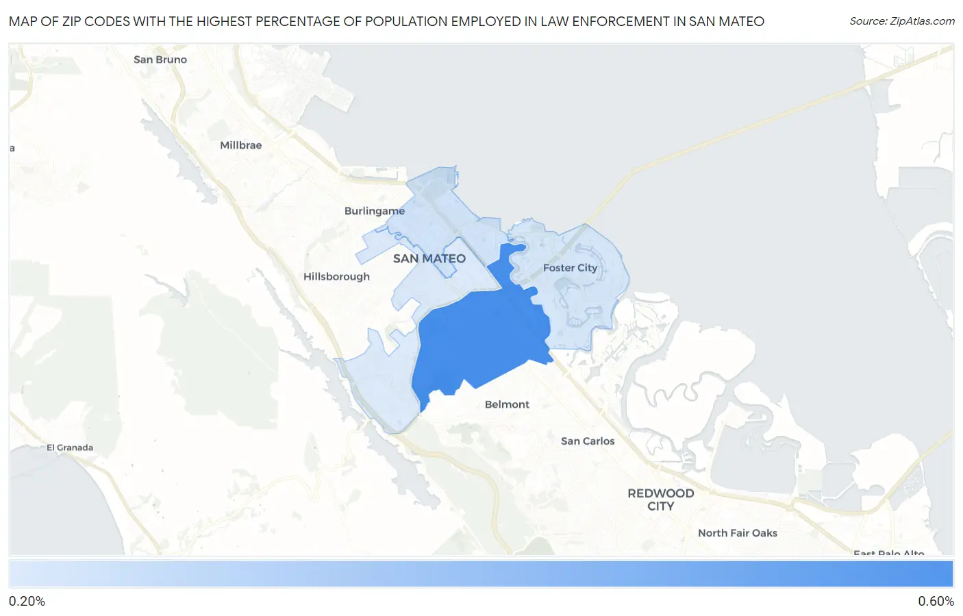 Zip Codes with the Highest Percentage of Population Employed in Law Enforcement in San Mateo Map