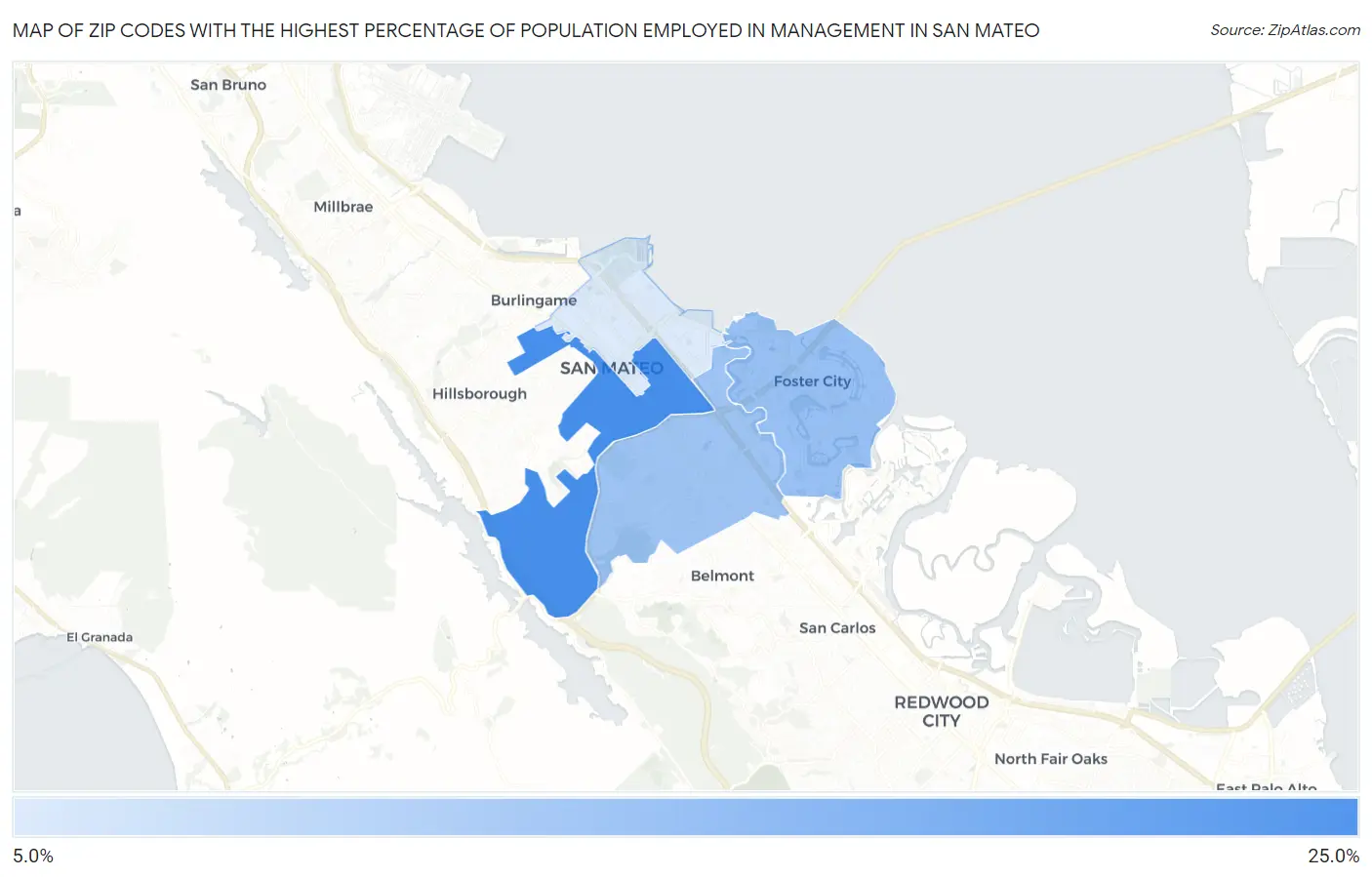 Zip Codes with the Highest Percentage of Population Employed in Management in San Mateo Map