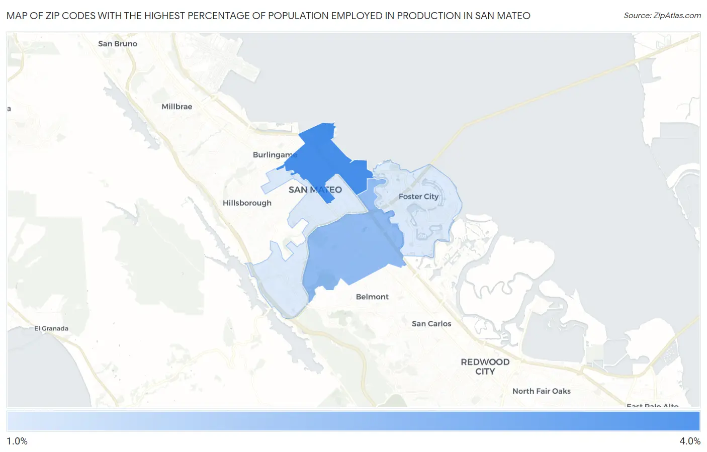 Zip Codes with the Highest Percentage of Population Employed in Production in San Mateo Map