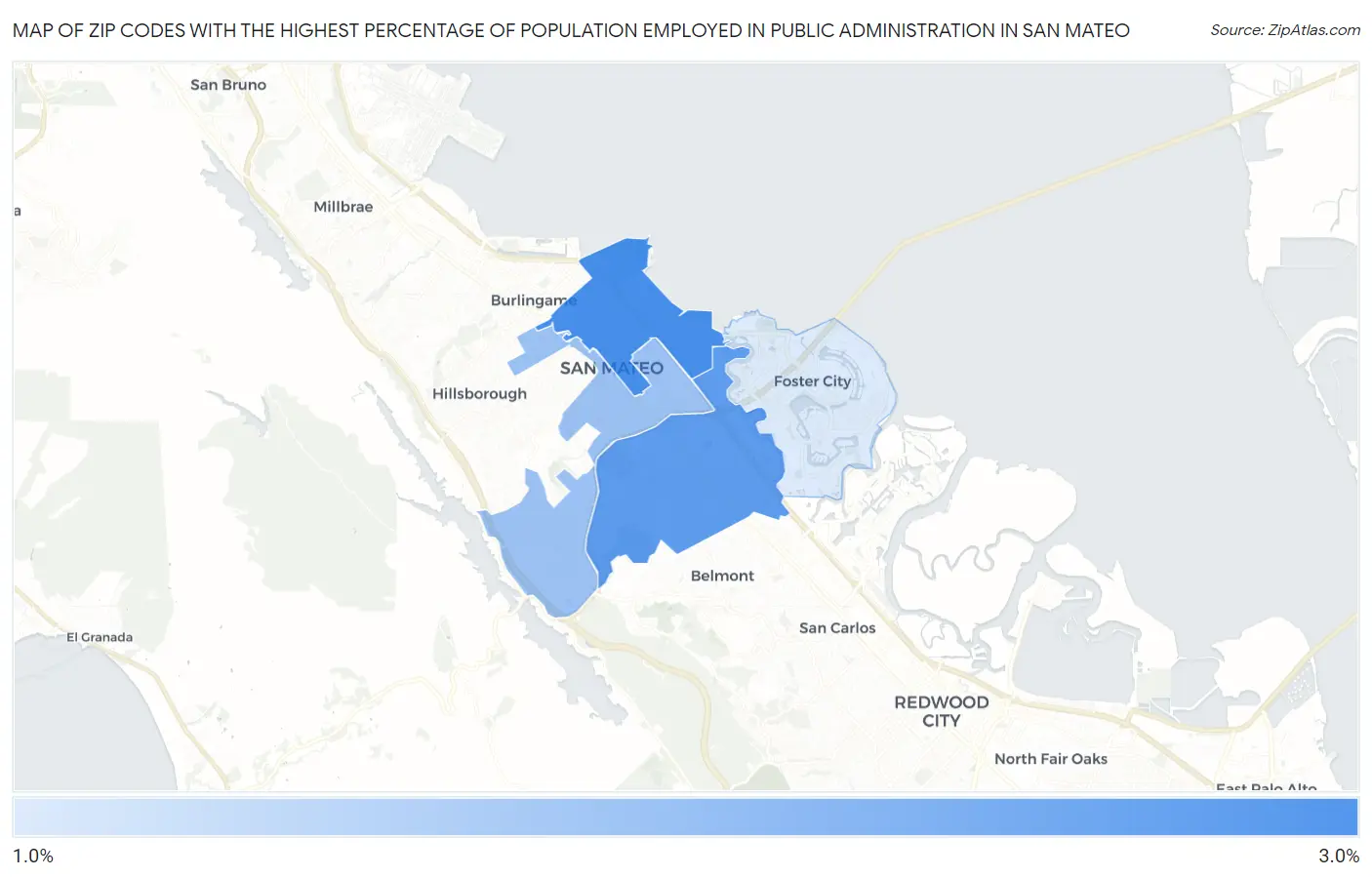 Zip Codes with the Highest Percentage of Population Employed in Public Administration in San Mateo Map