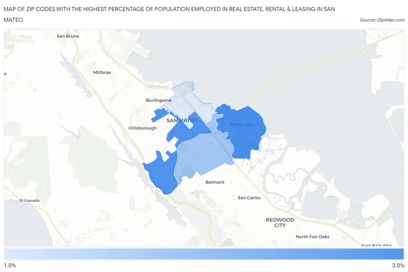 Zip Codes with the Highest Percentage of Population Employed in Real Estate, Rental & Leasing in San Mateo Map