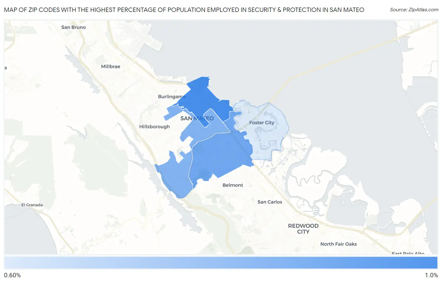 Zip Codes with the Highest Percentage of Population Employed in Security & Protection in San Mateo Map