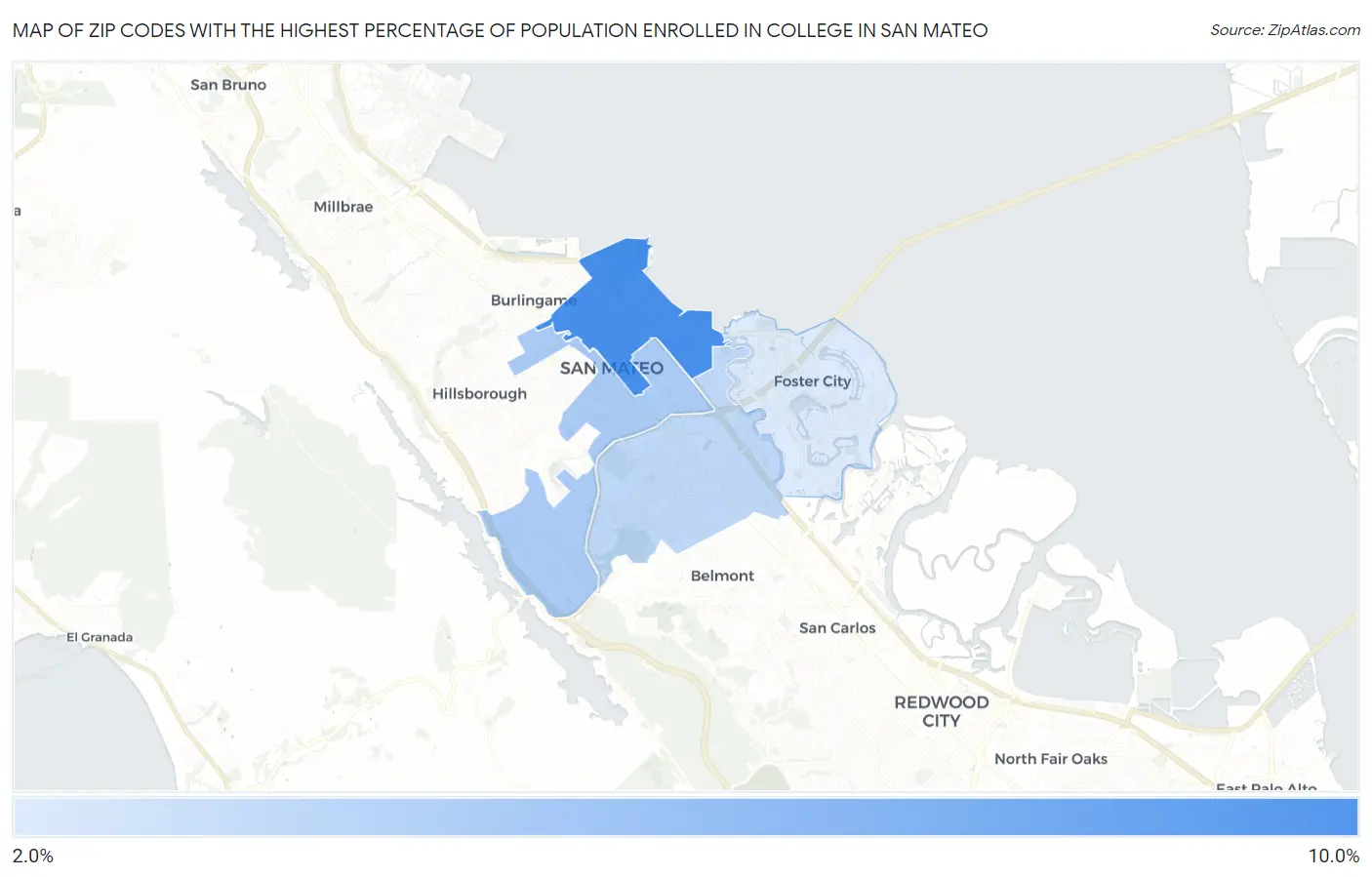 Zip Codes with the Highest Percentage of Population Enrolled in College in San Mateo Map