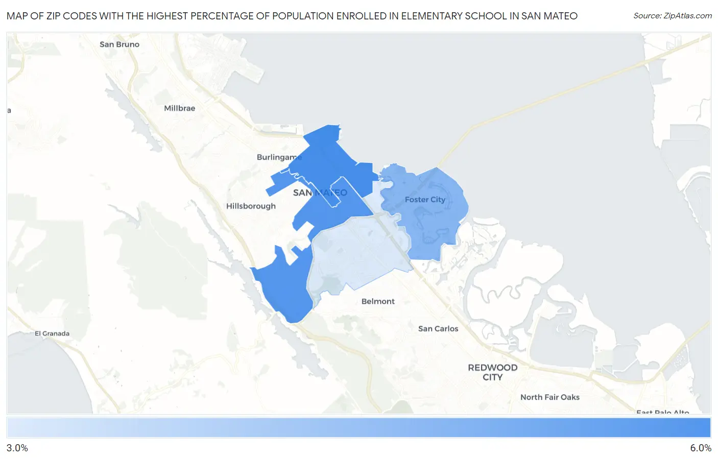 Zip Codes with the Highest Percentage of Population Enrolled in Elementary School in San Mateo Map