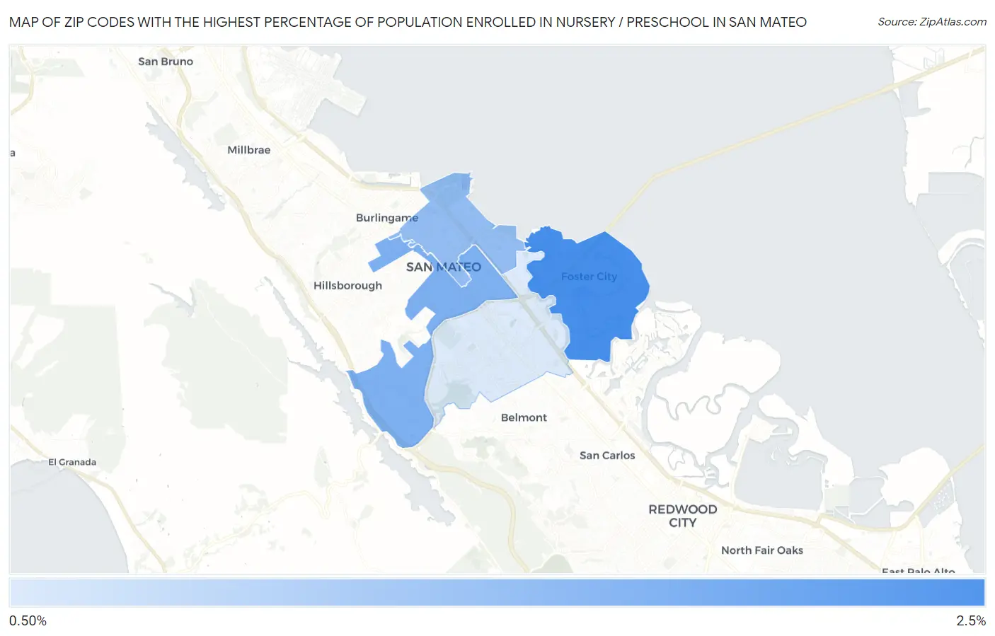 Zip Codes with the Highest Percentage of Population Enrolled in Nursery / Preschool in San Mateo Map