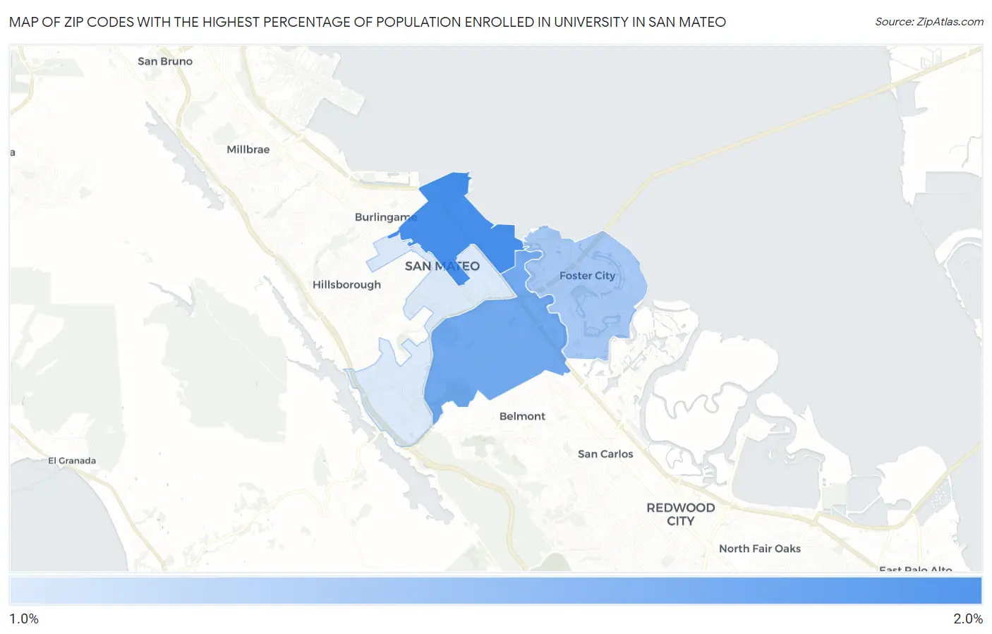 Zip Codes with the Highest Percentage of Population Enrolled in University in San Mateo Map