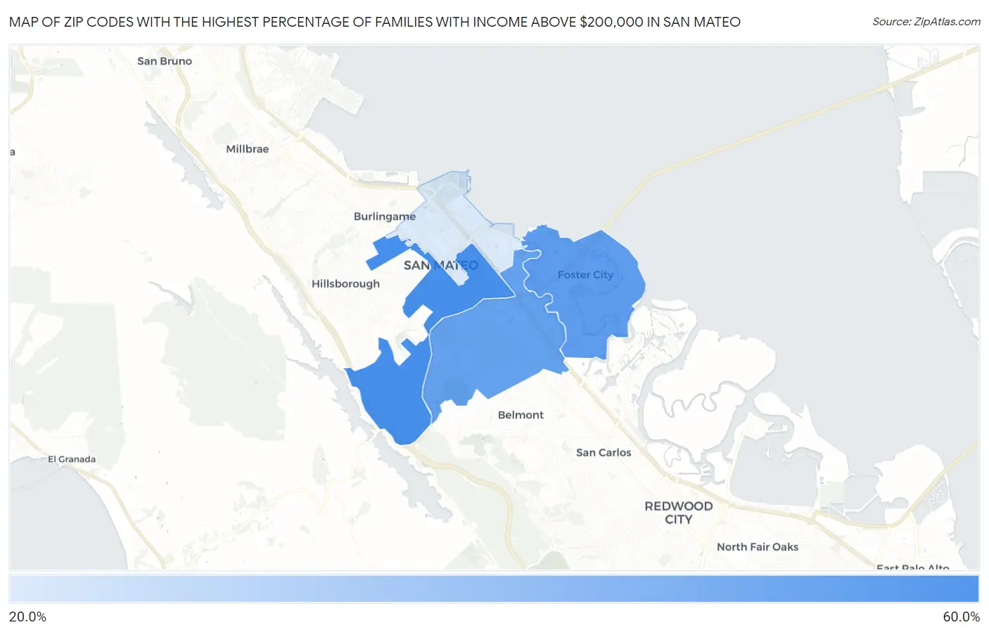 Zip Codes with the Highest Percentage of Families with Income Above $200,000 in San Mateo Map