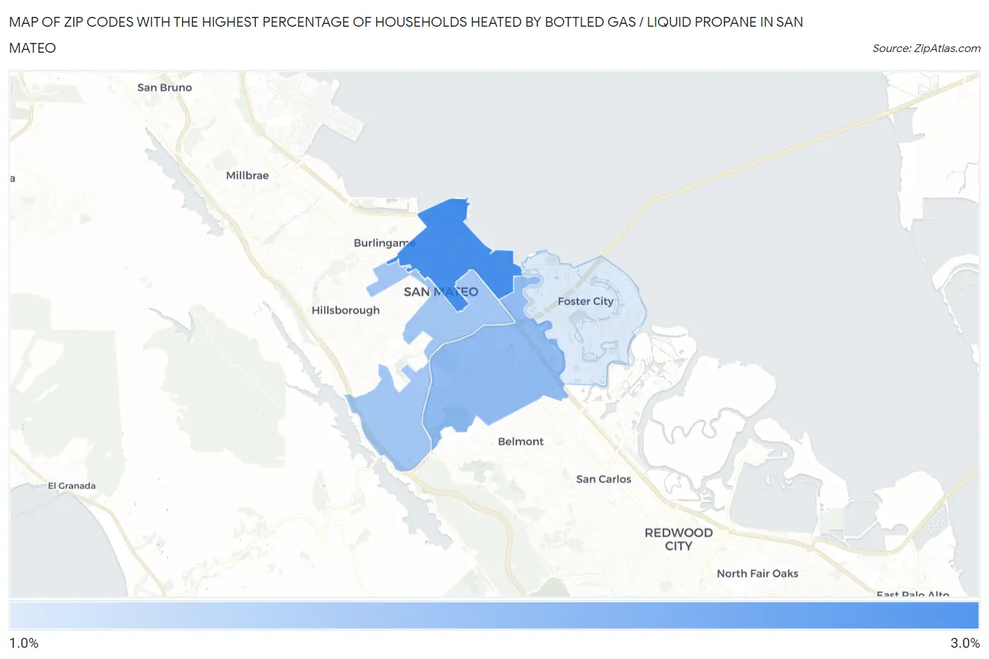 Zip Codes with the Highest Percentage of Households Heated by Bottled Gas / Liquid Propane in San Mateo Map